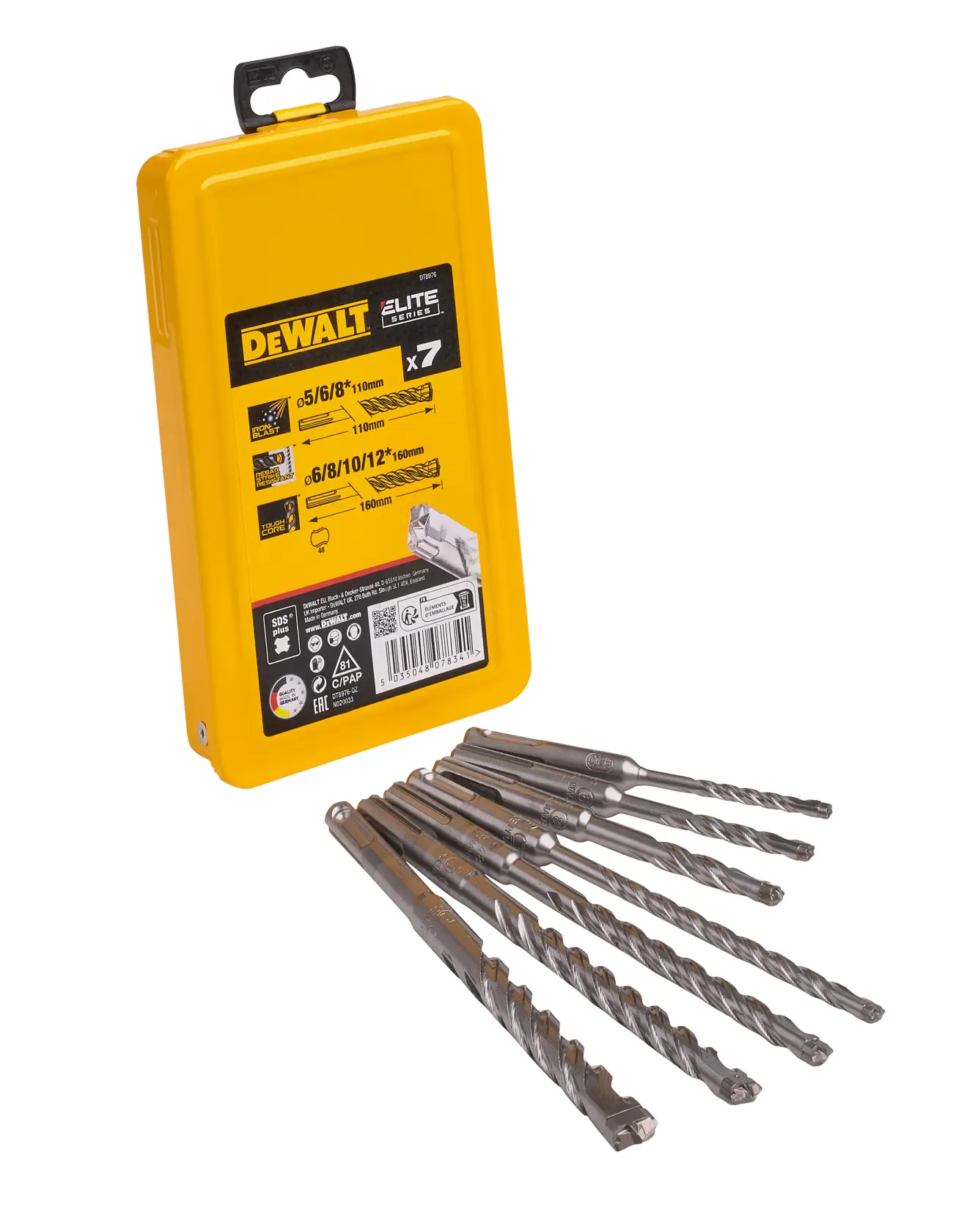 DEWALT DT8976 Set mit gelbem Koffer und sieben Metallbohrern vorne.
