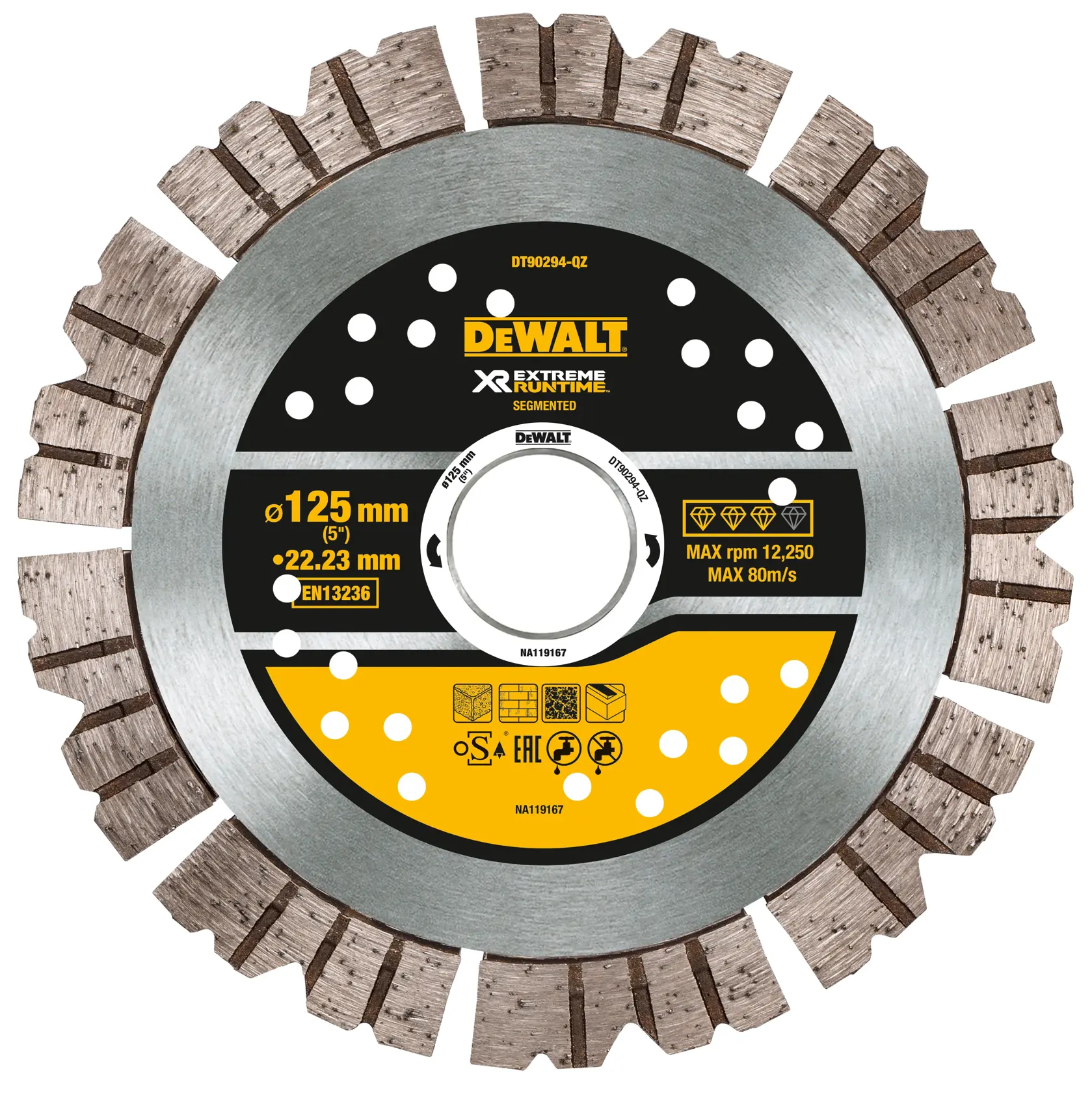 Una hoja segmentada de diamante DEWALT para corte, etiquetada como 'XR Extreme Runtime'. La hoja tiene un diámetro de 125 mm y un tamaño de agujero de 22,23 mm. Incluye especificaciones de velocidad máxima y compatibilidad con varios materiales. La hoja es principalmente plateada y negra con detalles amarillos.