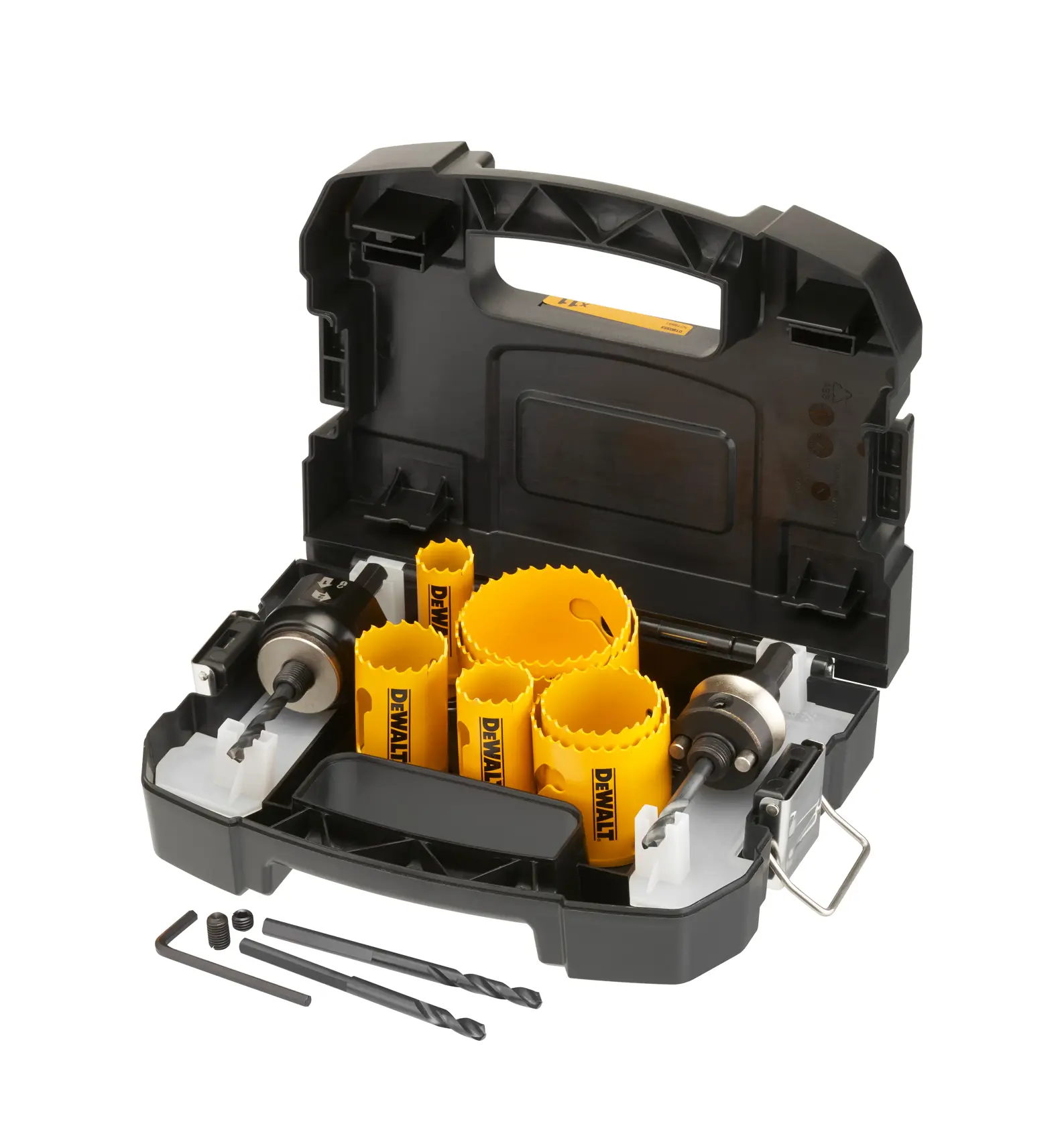 Kit scie-cloche DEWALT en boîte noire avec plusieurs scies jaunes, forets et accessoires visibles.