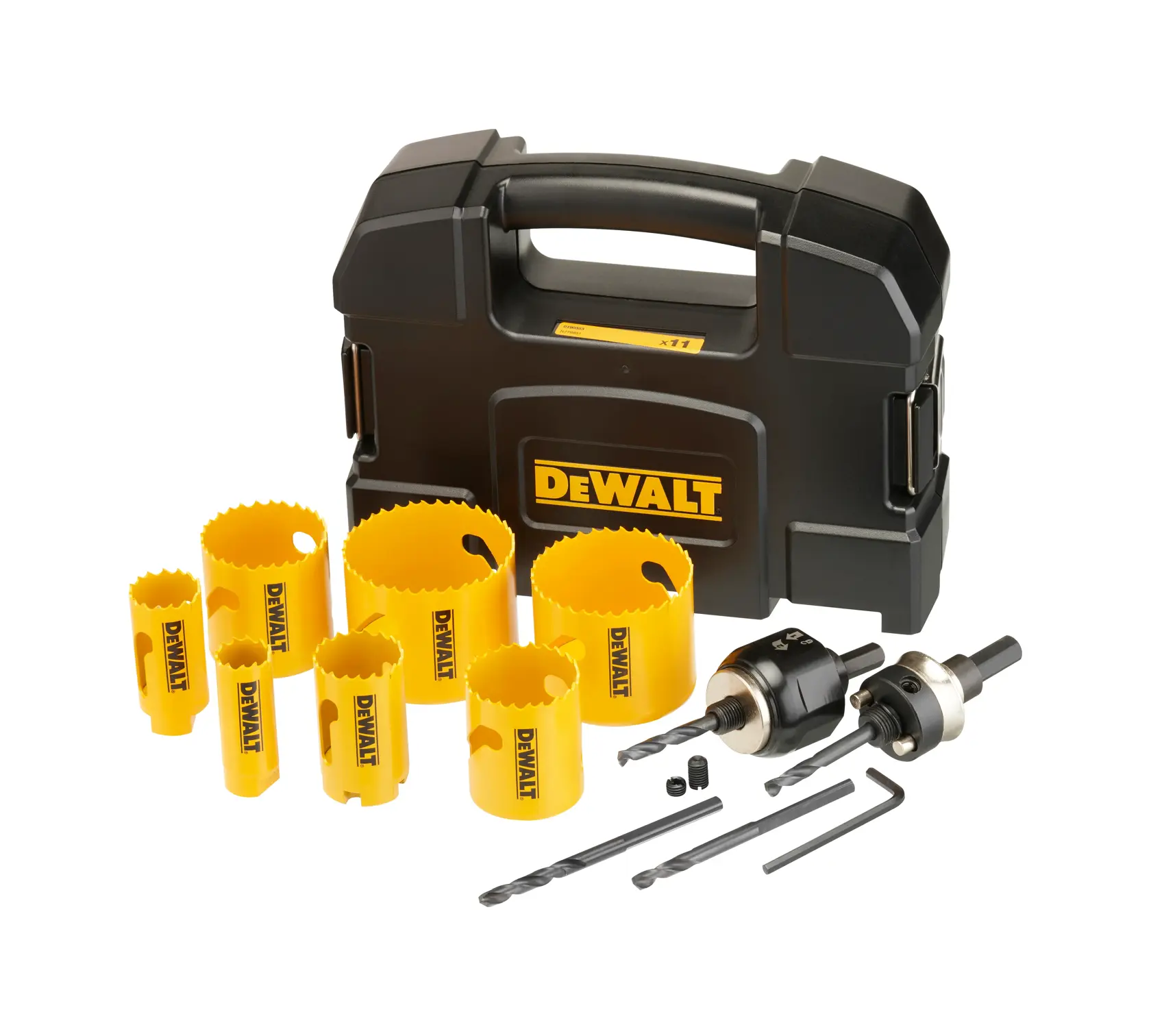 DEWALT Lochsäge-Set mit gelben Sägen, Bohrern, Zubehör und schwarzem Kunststoffkoffer.