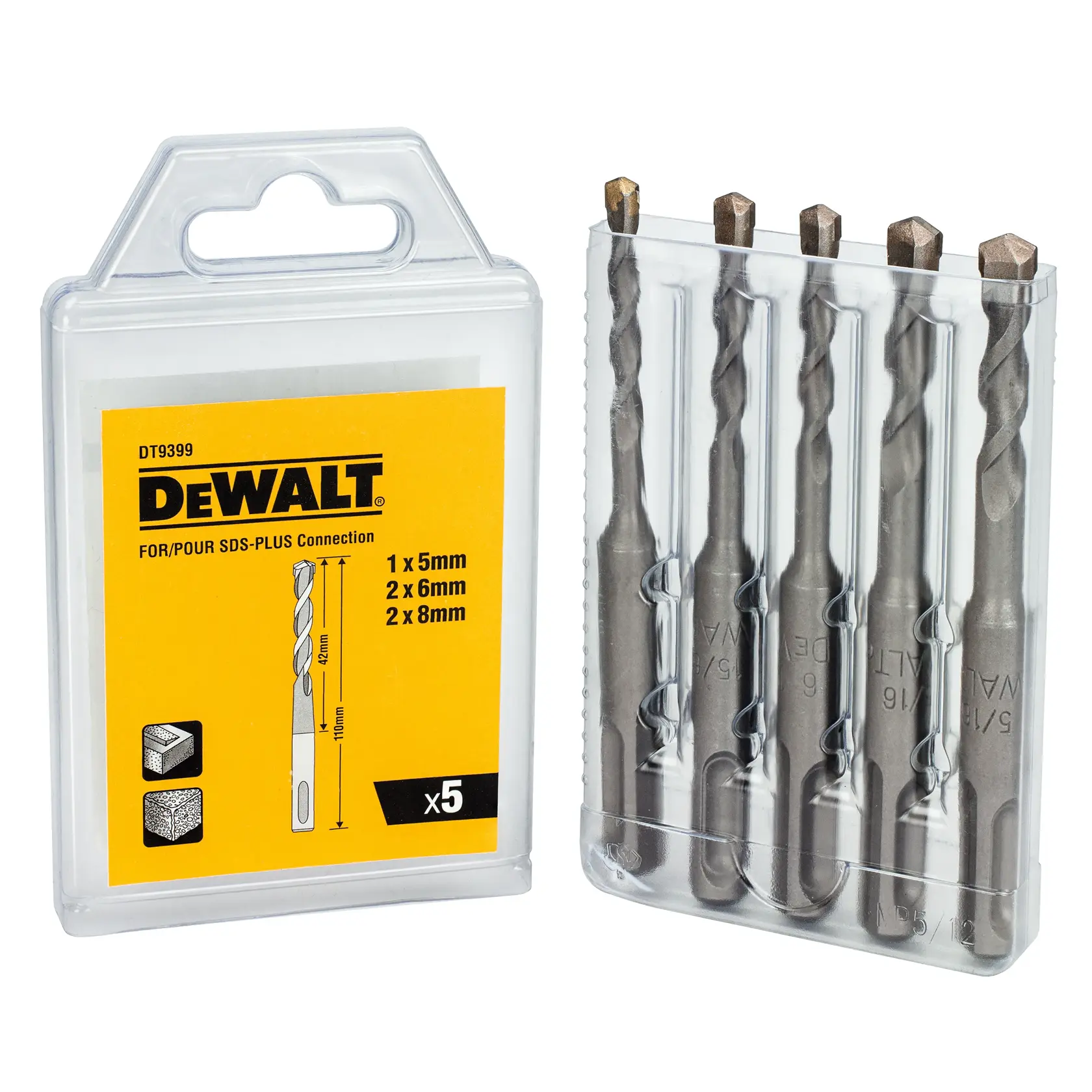 DEWALT DT9399 SDS-Plus Bohrerset, fünf Stück im Kunststoffetui, Größen: 5mm, 6mm, 8mm.