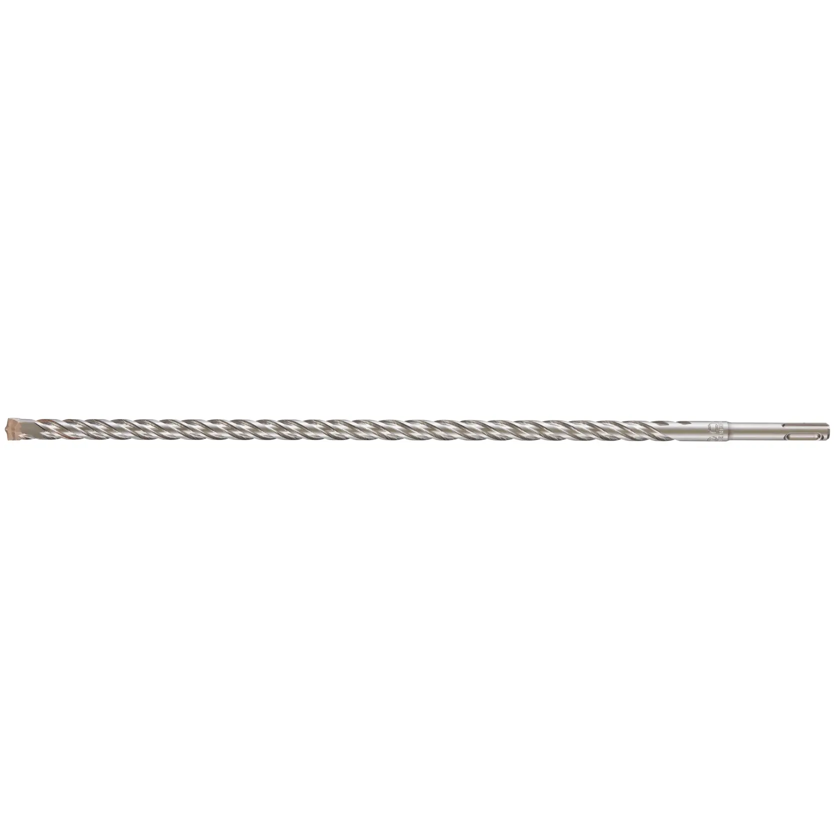 Broca larga de metal en espiral, apta para taladros eléctricos, mostrada sobre fondo blanco.