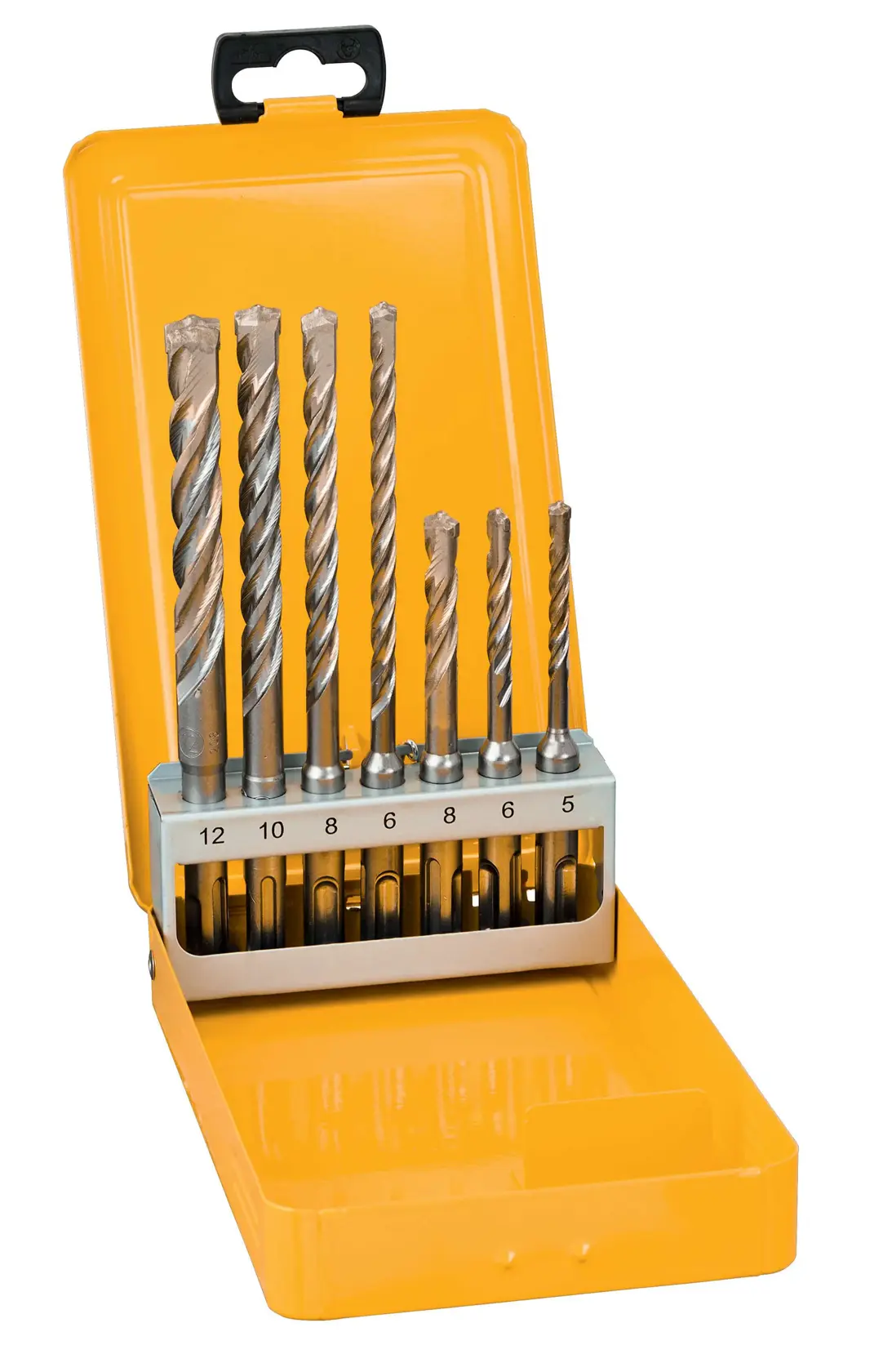 Gelbe Box mit DEWALT Metallbohrern verschiedener Größen, aufrecht angeordnet.