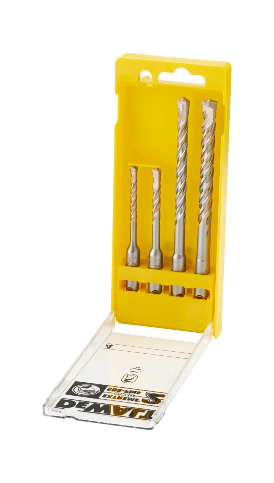 DEWALT DT9702, Set mit vier Steinbohrern in gelber Kunststoffbox, Deckel geöffnet.
