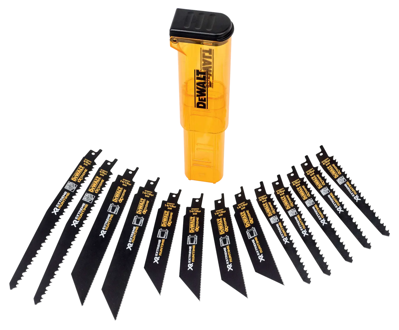 Set DEWALT con 13 sierras negras y estuche amarillo, mostrados alineados.