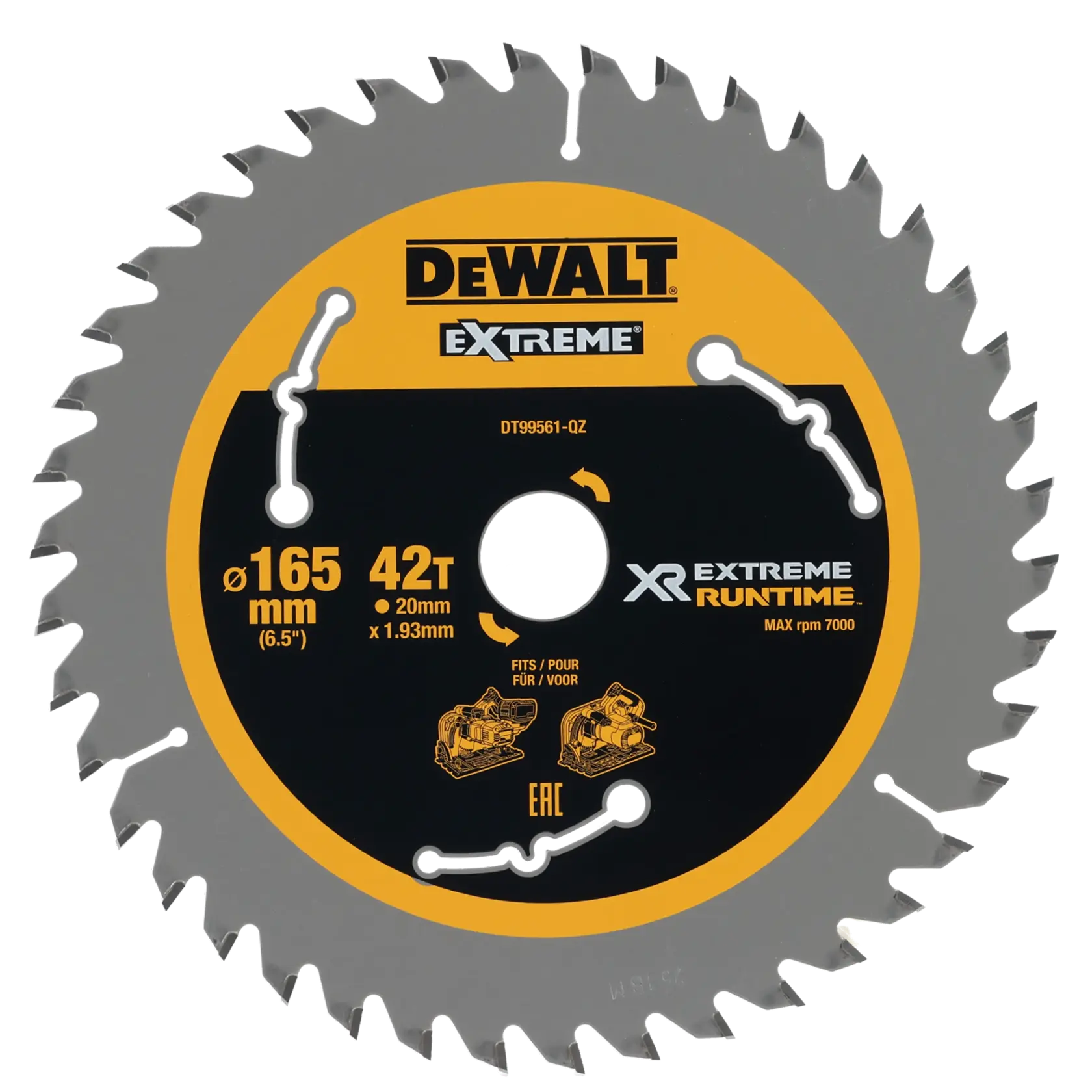 DEWALT DT99561 Kreissägeblatt, 165 mm Durchmesser mit 42 Zähnen, für extreme Laufzeit und passend für bestimmte Sägemodelle. Das Blatt hat ein gelb-schwarzes Etikett mit technischen Angaben und Illustrationen.