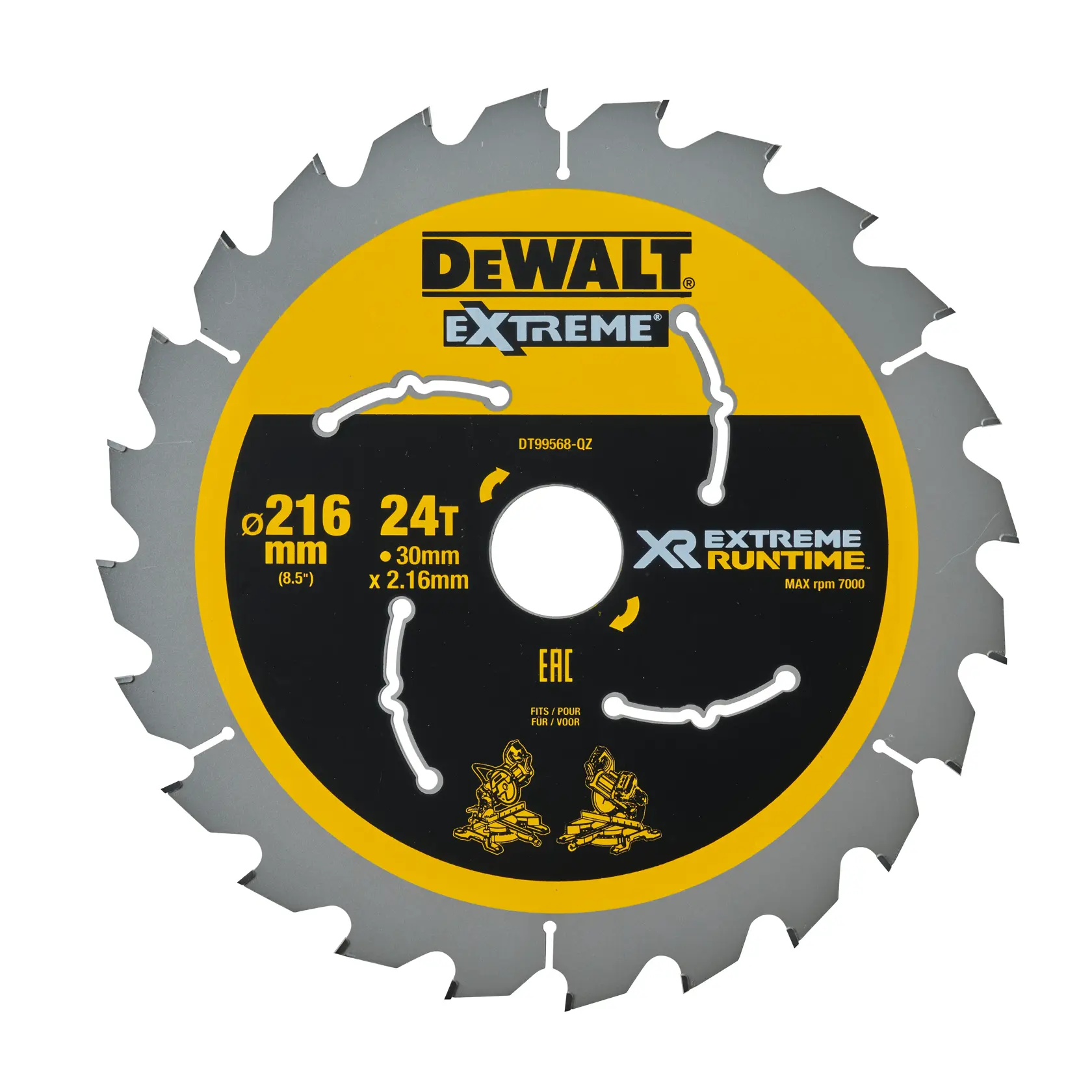 Disco DEWALT Extreme 216mm 24T XR Runtime, hoja circular para herramientas de corte.