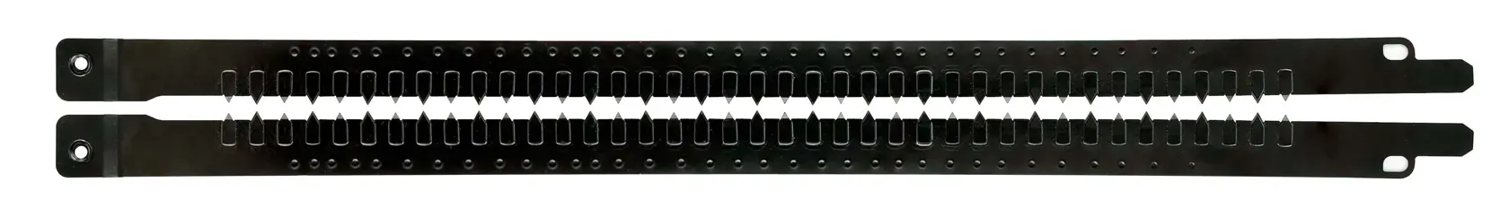 Dos tiras negras de hoja de sierra DEWALT con dientes, colocadas horizontalmente sobre fondo blanco.