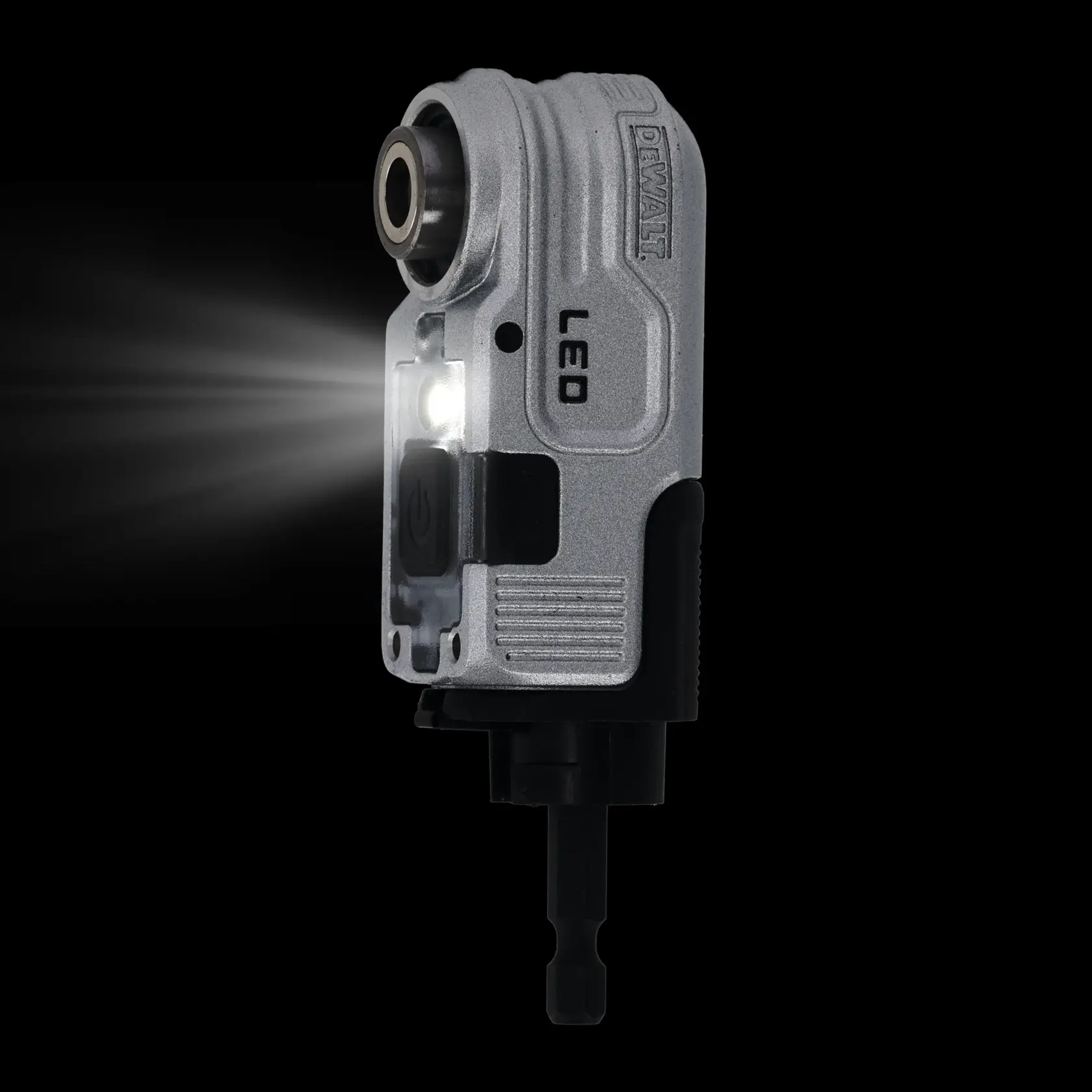 DEWALT LED Winkelaufsatz für Bohrmaschine, silber-schwarzes Design mit Markenlogo und Stromsymbol.