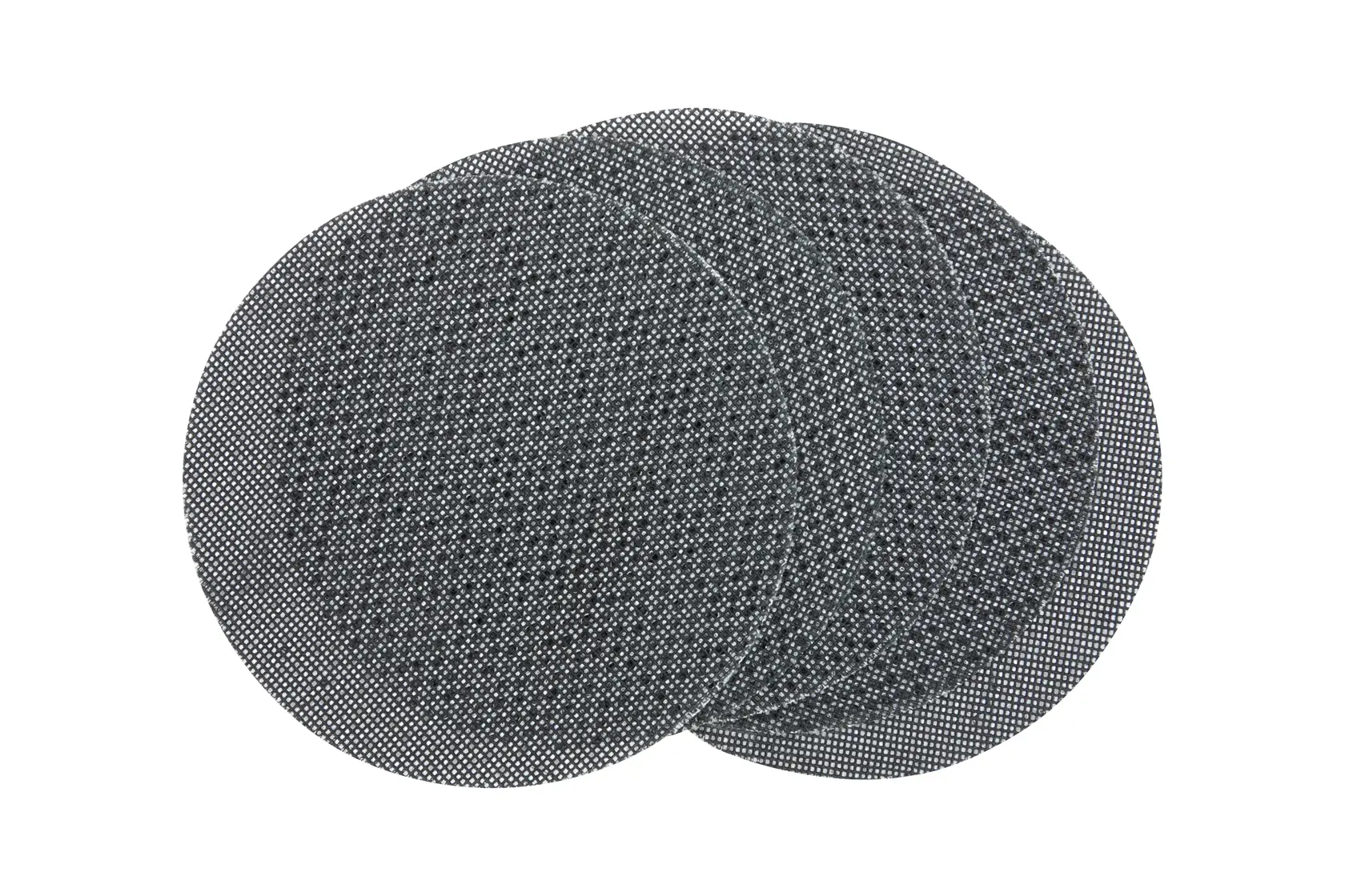 Trois disques abrasifs en maille DEWALT ronds superposés, présentés sur fond blanc.