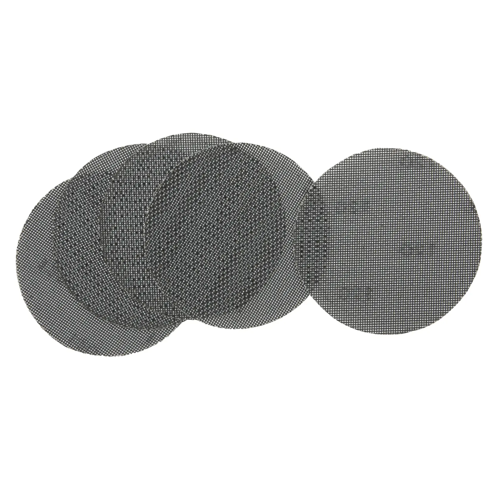 Cinq disques abrasifs en maille ronde, disposés en chevauchement sur fond blanc.