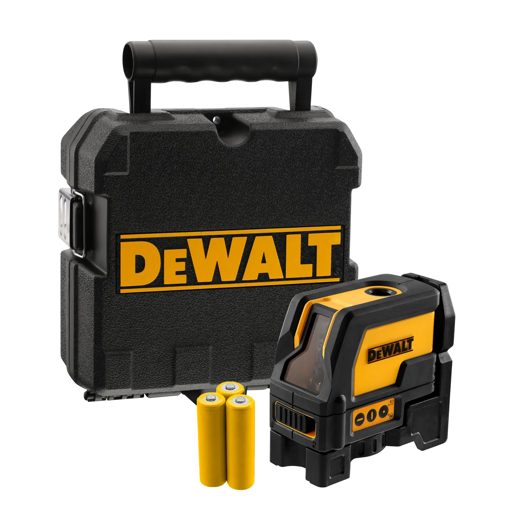 Un ensemble de niveau laser DEWALT noir et jaune, comprenant une mallette de transport robuste, un appareil de niveau laser et deux piles jaunes.