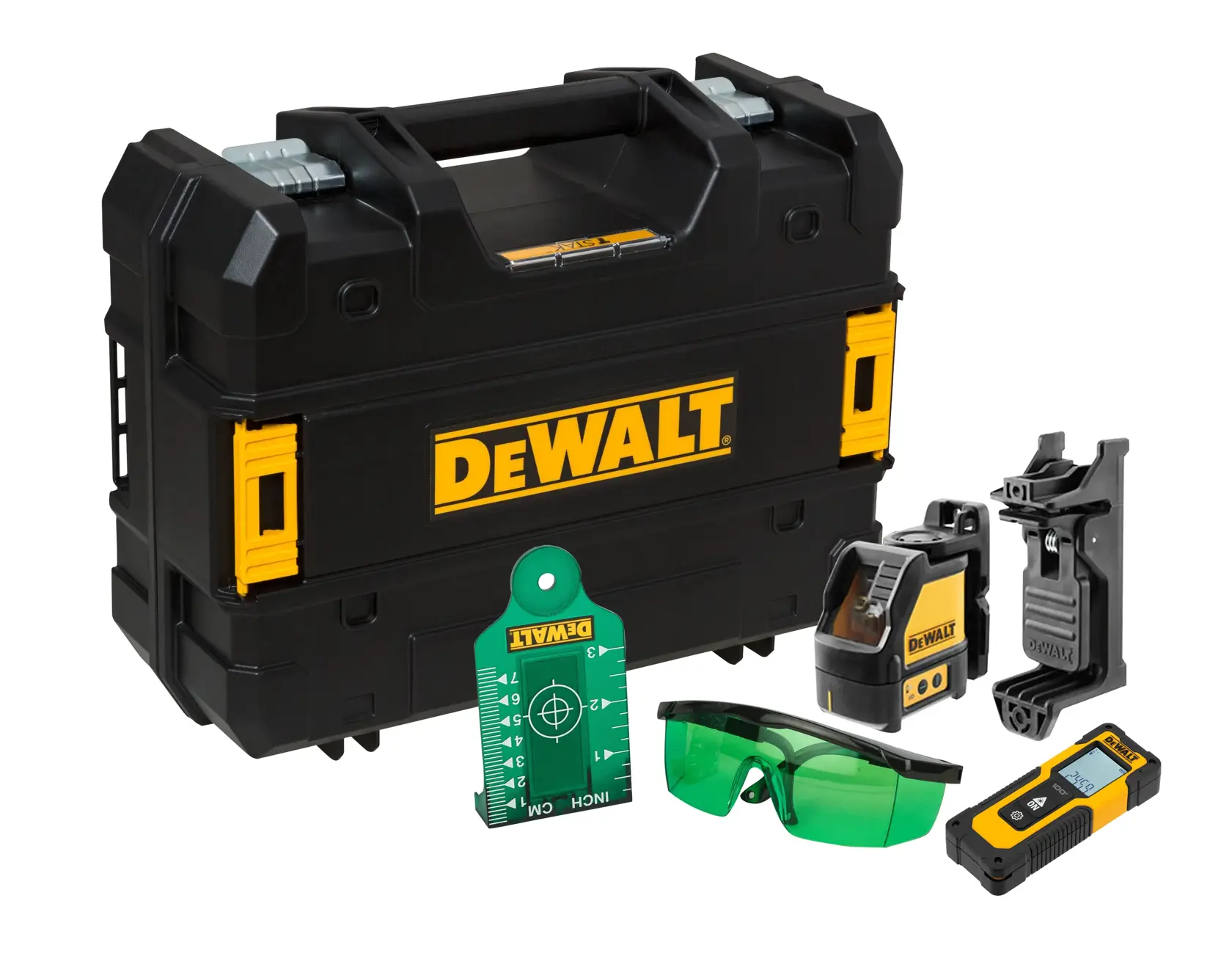 Kit de photographie DEWALT avec valise noire, niveau laser, lunettes vertes, détecteur, support et outils.