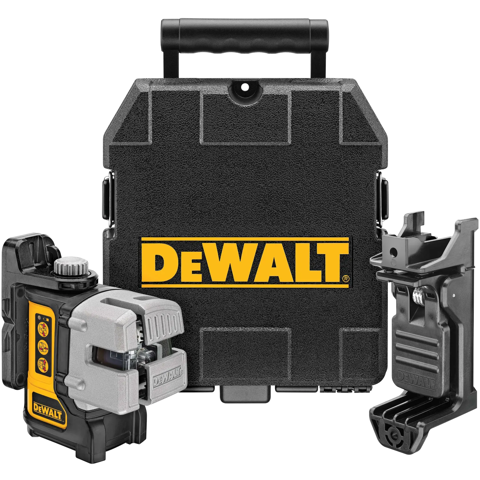 Kit niveau laser DEWALT DW089K avec un étui de transport noir, un appareil laser et un support de montage.