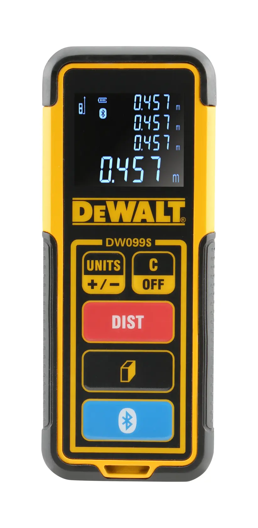Télémètre laser DEWALT DW099S avec un écran numérique lumineux affichant plusieurs lectures de mesure. L'appareil a un corps jaune et noir, avec des boutons étiquetés pour des fonctions telles que unités, distance et Bluetooth.