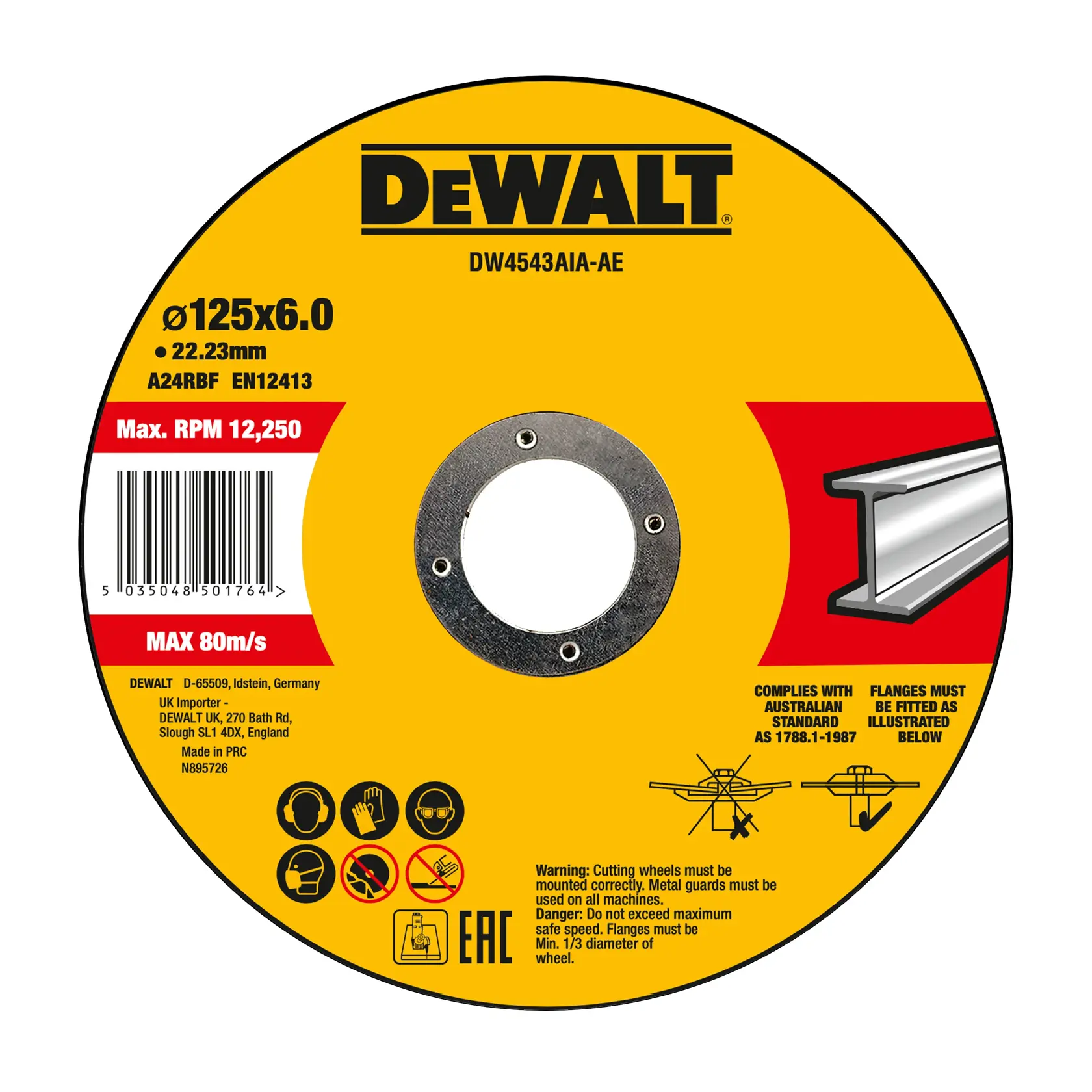 Disque DEWALT pour coupe, étiquette jaune, Photographie, SKUs DW4543AIA, DW4543AIA-AE, Ø125x6.0mm.