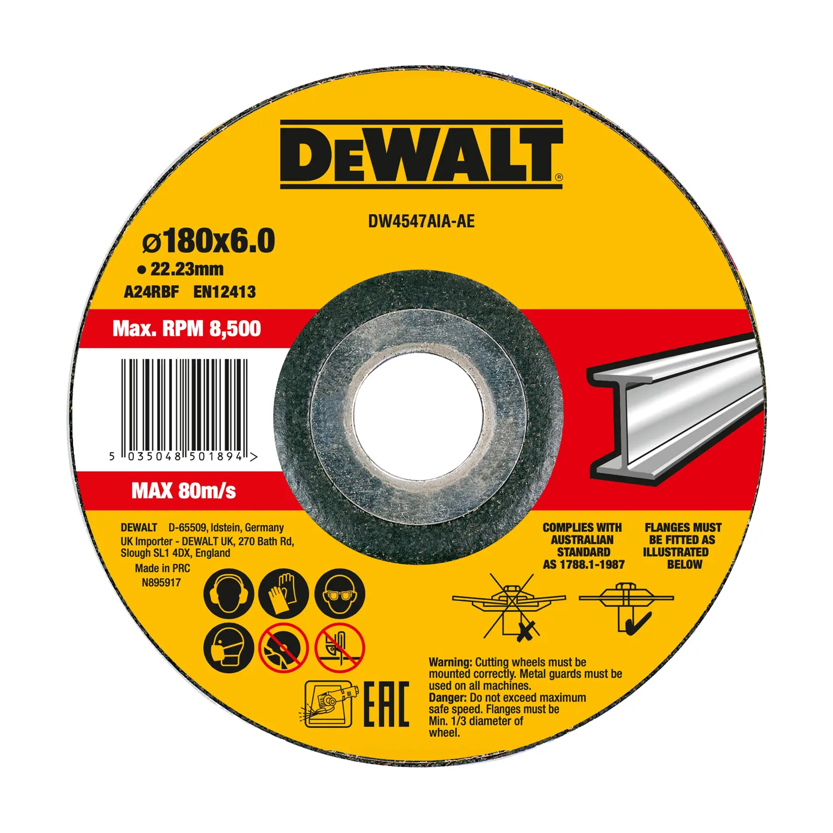 Disque abrasif DEWALT DW4547AIA 180x6.0mm, icônes de sécurité, poutre, spécifications, code-barres et avertissements.