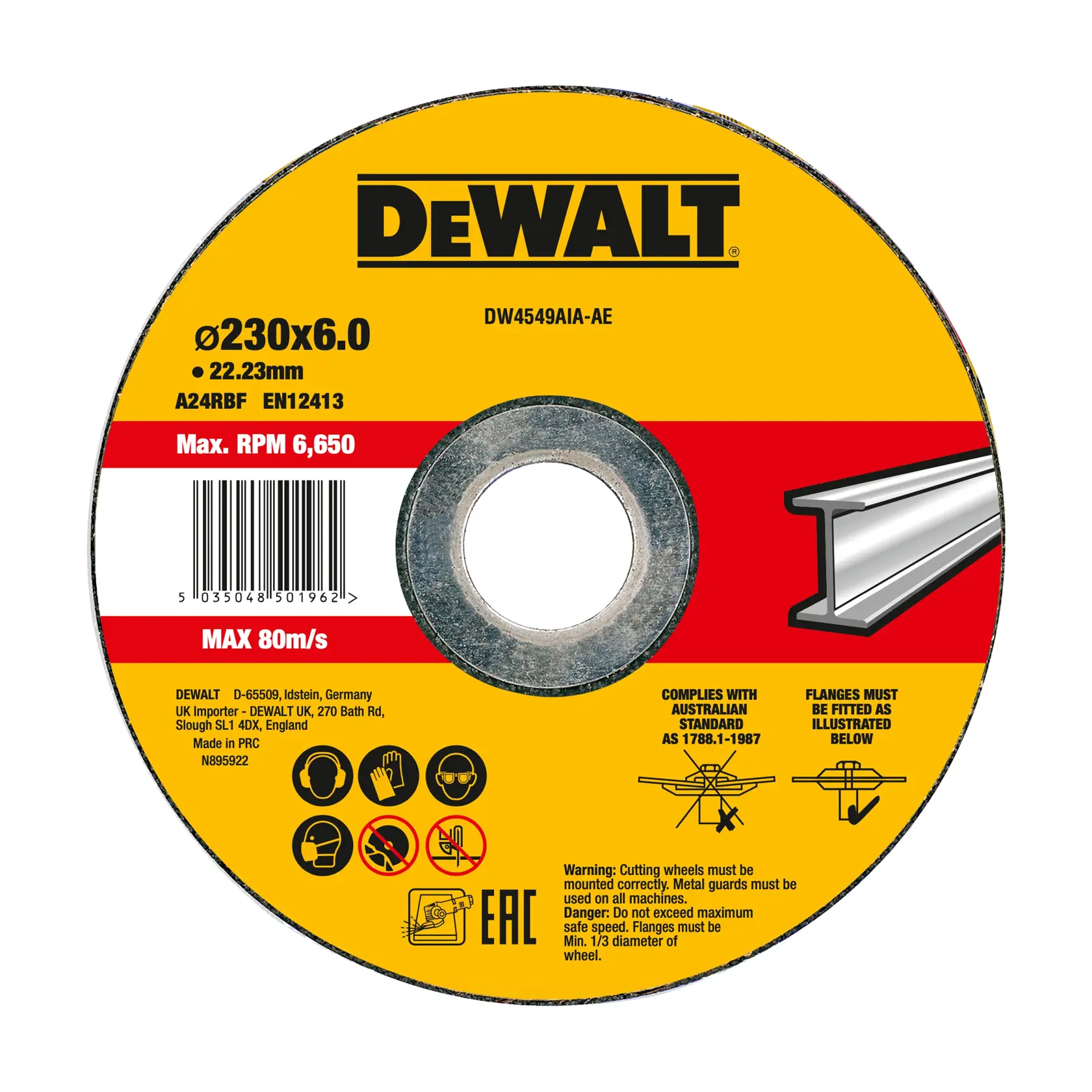 Disque de coupe DEWALT DW4549AIA-AE, DW4549AIA, 230x6mm, max 6650 RPM, pour métal, icônes d'avertissement.