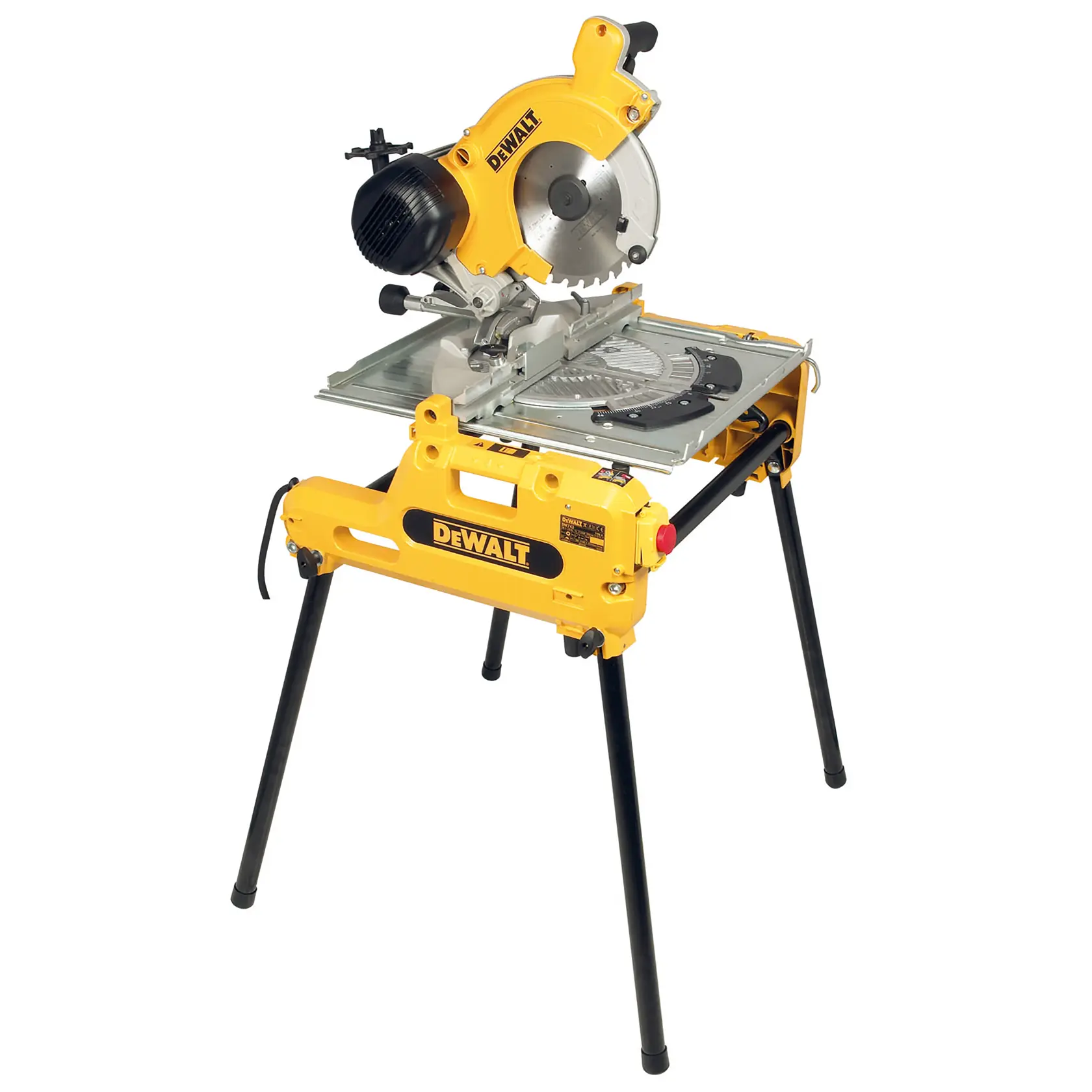 Sierra DEWALT para fotografía, SKUs DW743N y DW743. Herramienta amarilla con hoja y patas firmes.