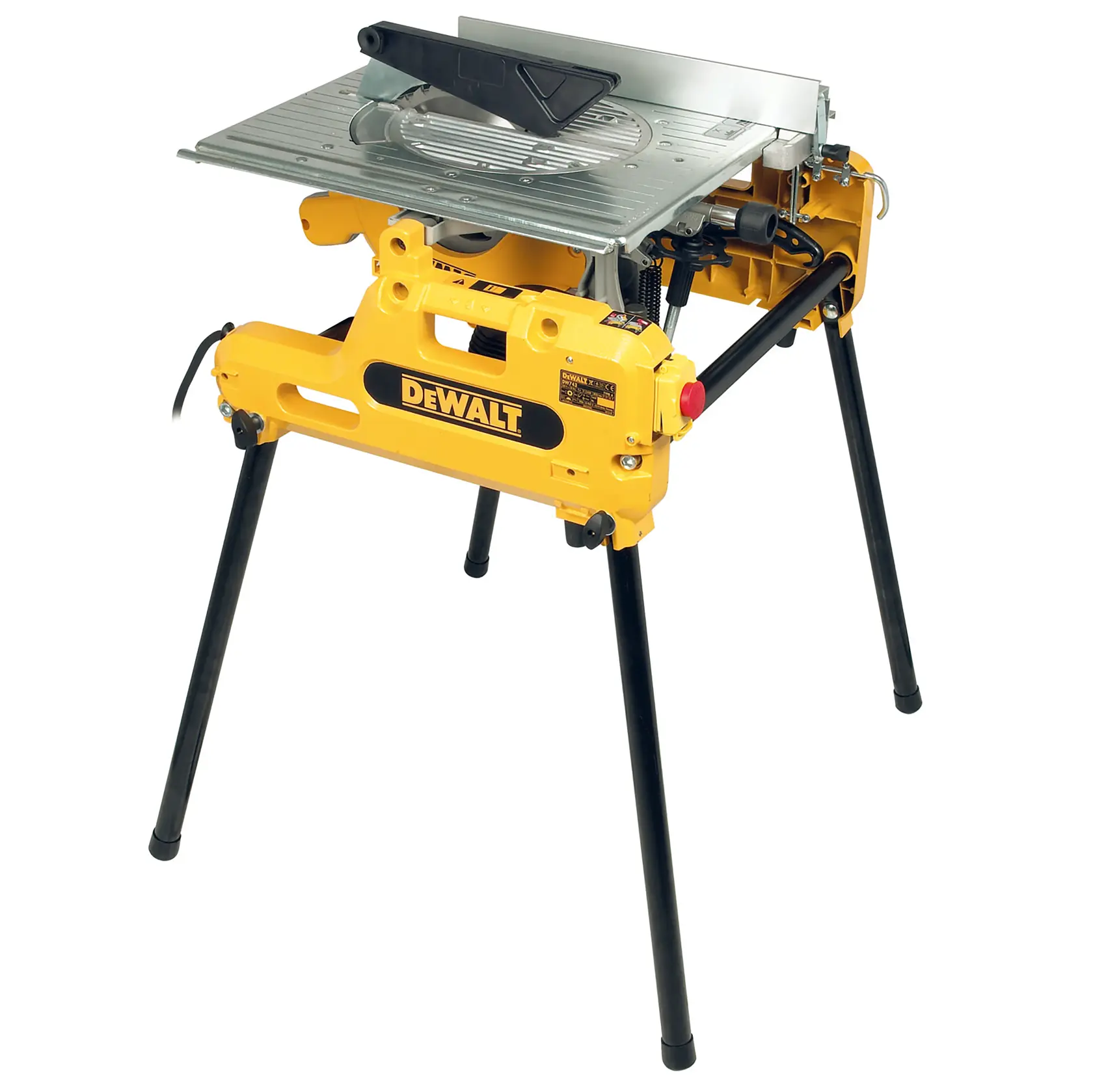 Sierra DEWALT con soporte, fotografía, SKUs DW743N y DW743, cuerpo amarillo, patas negras, imagen producto.