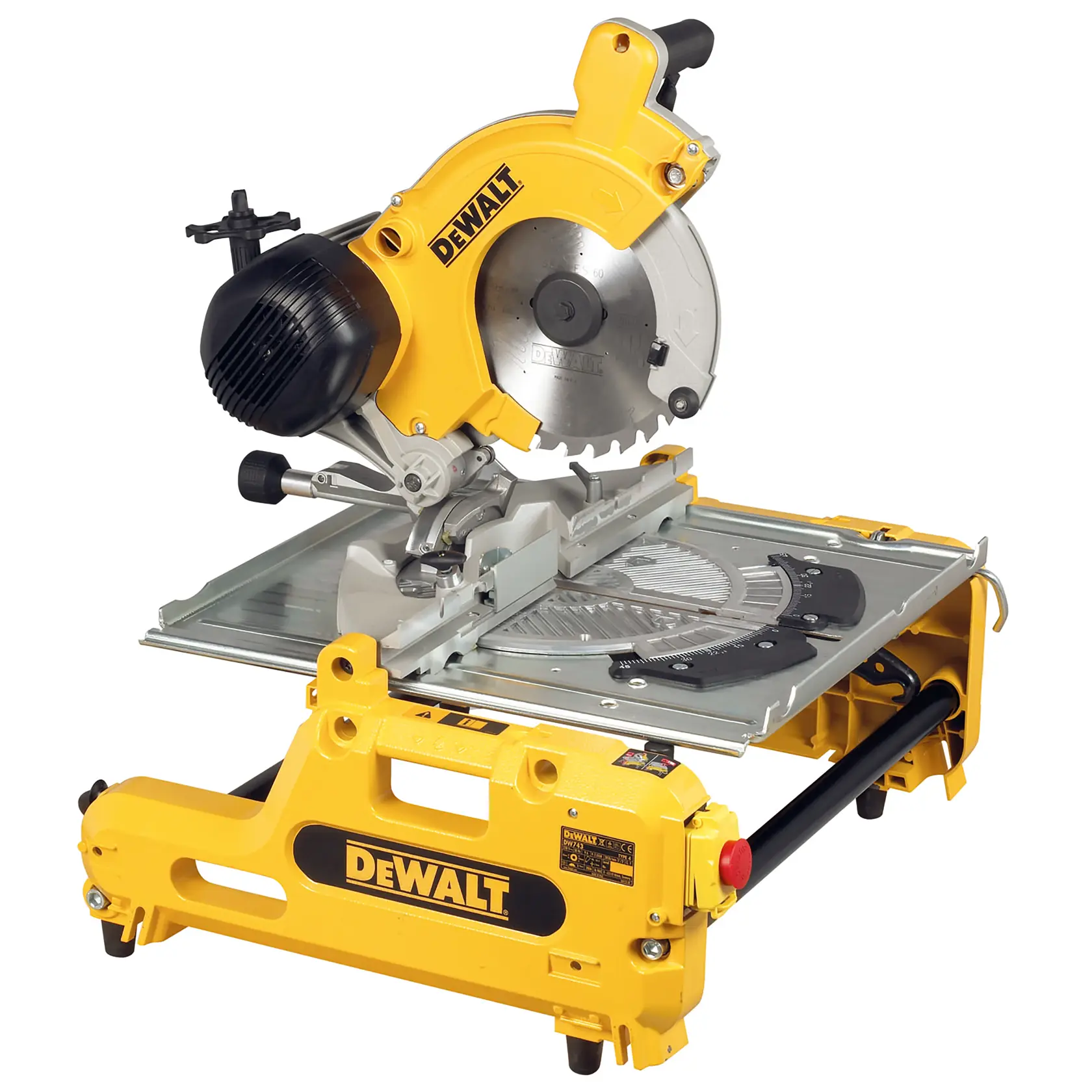 Una sierra multipropósito DEWALT DW743N amarilla y negra, con base robusta, mesa de corte de metal y hoja circular ajustable. La sierra está diseñada para trabajos de carpintería y ebanistería.