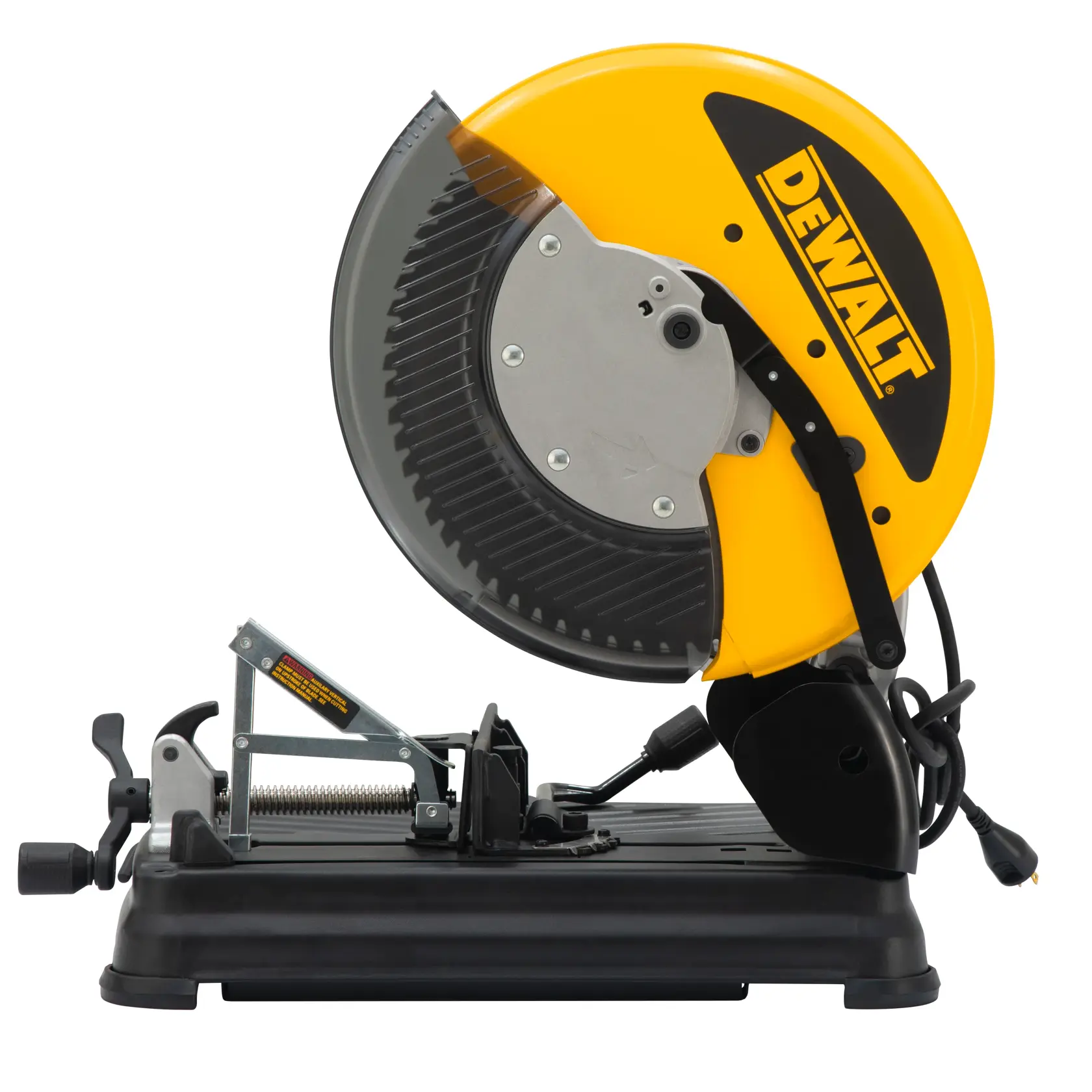 Scie à métaux DEWALT DW872 avec capot jaune et base noire robuste, vue latérale présentée.