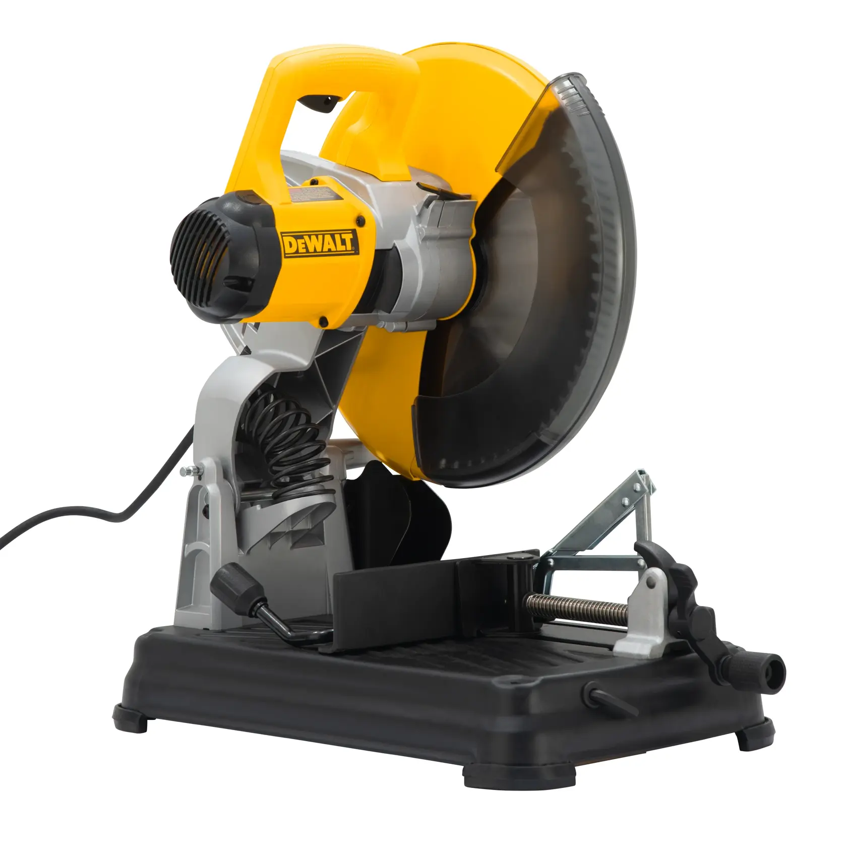 Eine DEWALT DW872 Metalltrennsäge mit gelb-schwarzem Design, großem Kreissägeblatt und stabiler Basis.