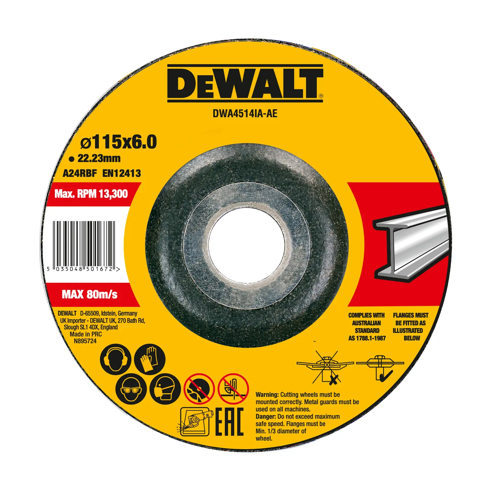 Disque de coupe DEWALT pour photographie, SKUs DWA4514IA-AE, DWA4514IA, design jaune noir.