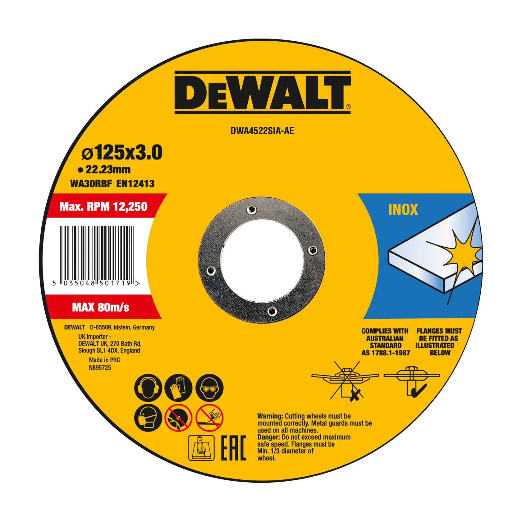 Disque de coupe DEWALT INOX, DWA4522SIA-AE et DWA4522SIA, 125mm, catégorie photographie.