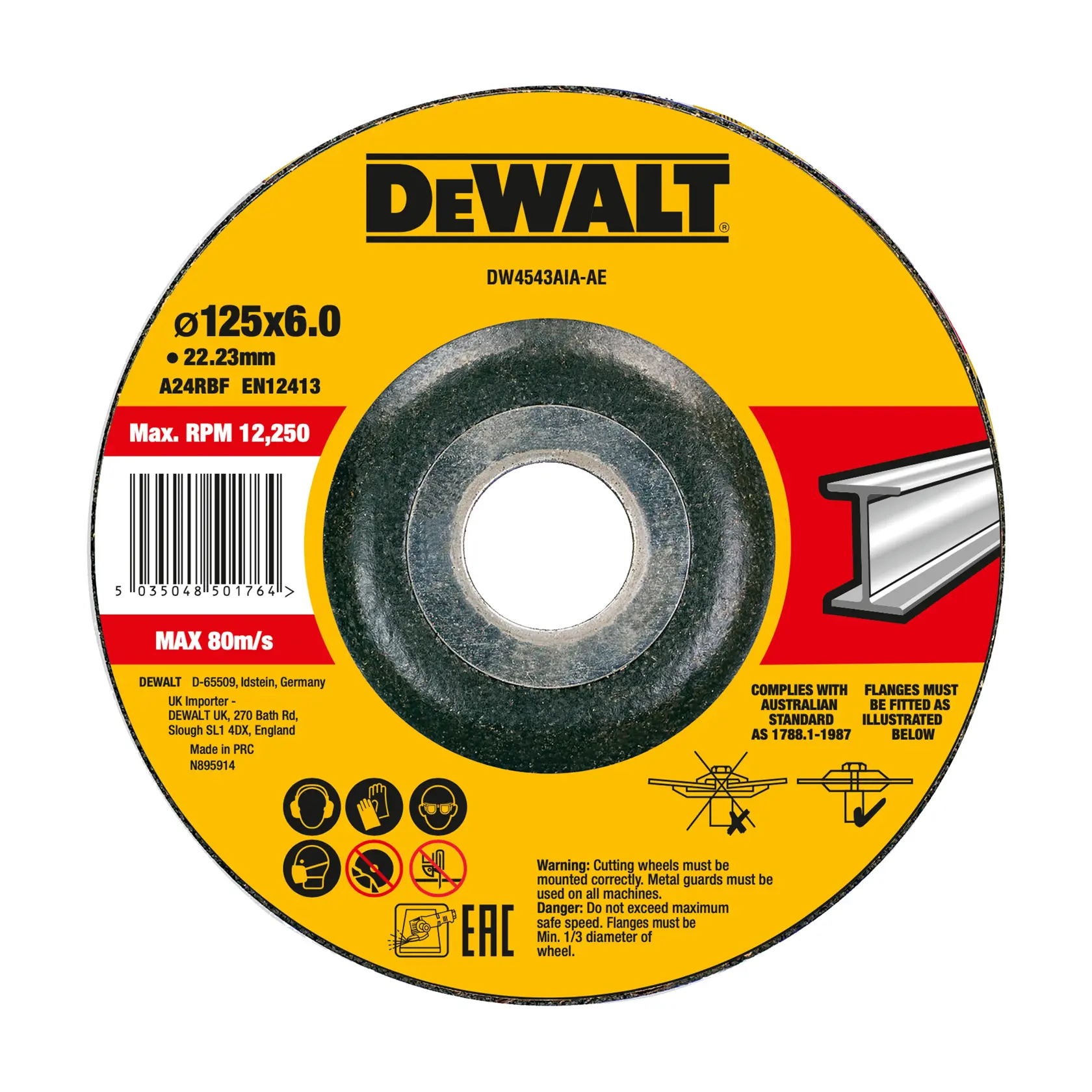 Disque DEWALT de découpe, photographie, SKUs DWA4514SIA-AE, DWA4514SIA, étiquette jaune, forme circulaire.