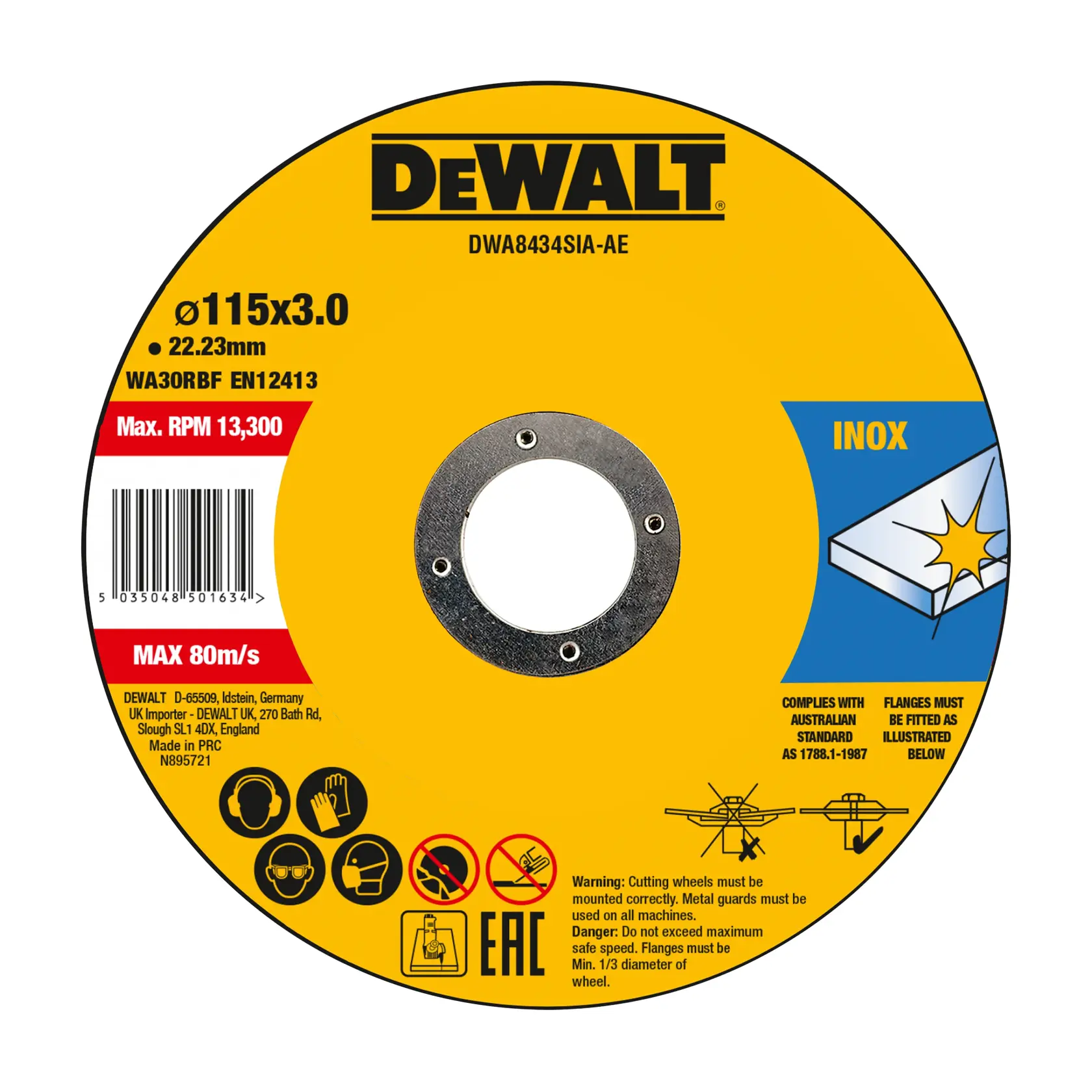 Produit photo DEWALT DWA8434SIA-AE, DWA8434SIA disque de coupe 115x3,0 mm, design jaune pour inox.
