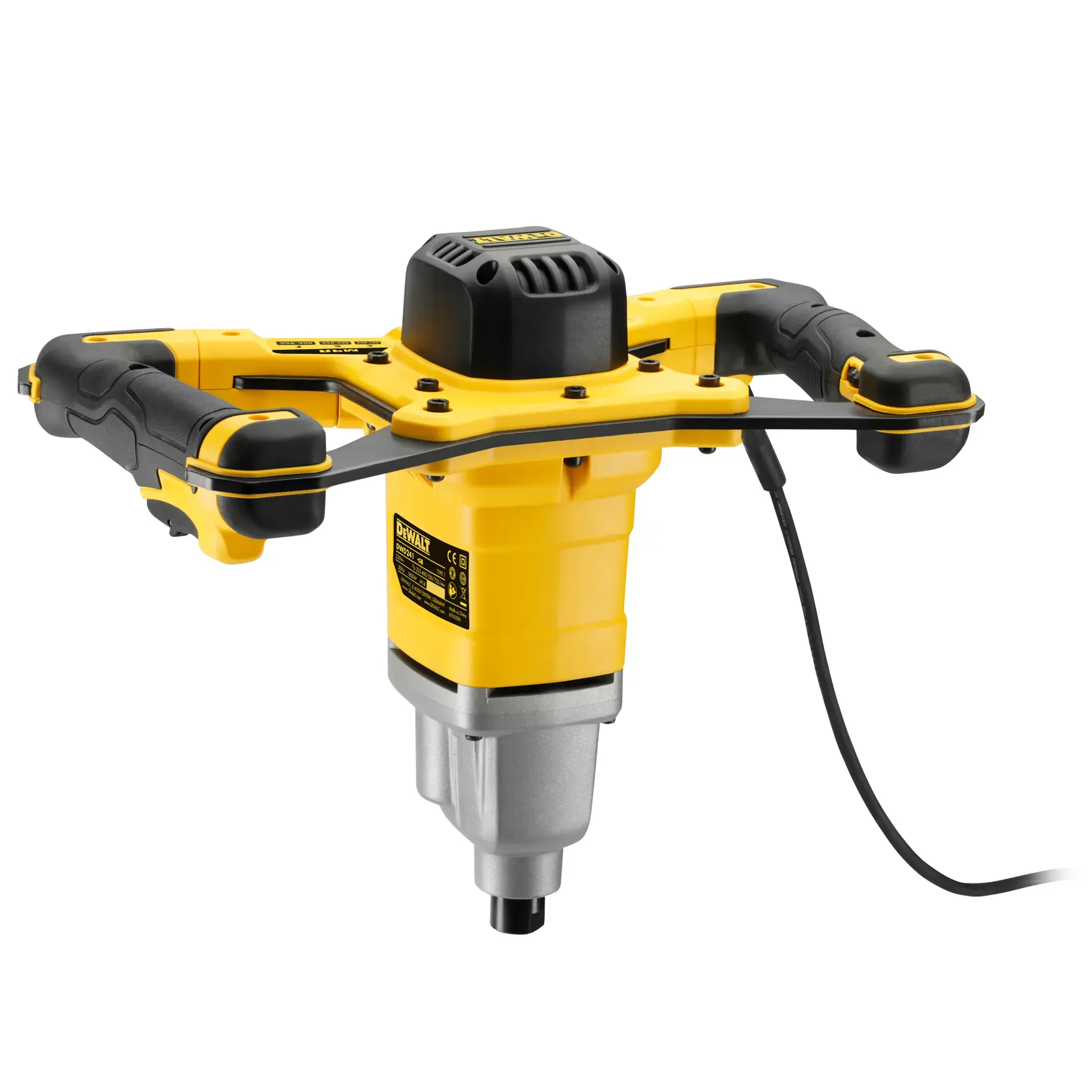 Mélangeur filaire jaune DEWALT DWD241 avec poignées latérales, présenté sur fond blanc.