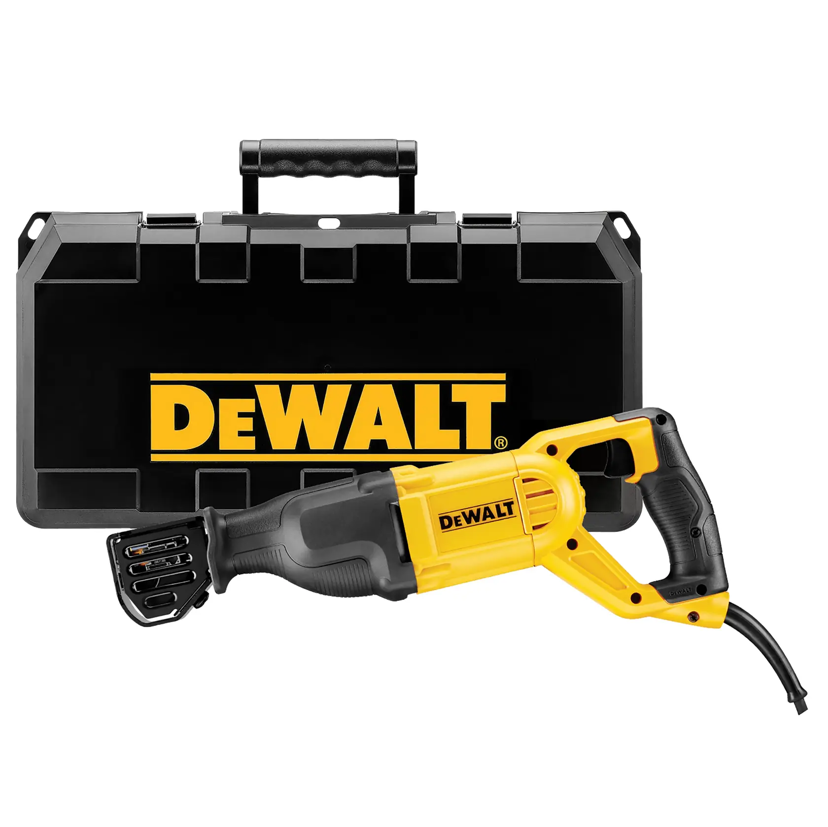 Scie sabre DEWALT avec coffret rigide noir et jaune, présentée sur fond blanc.