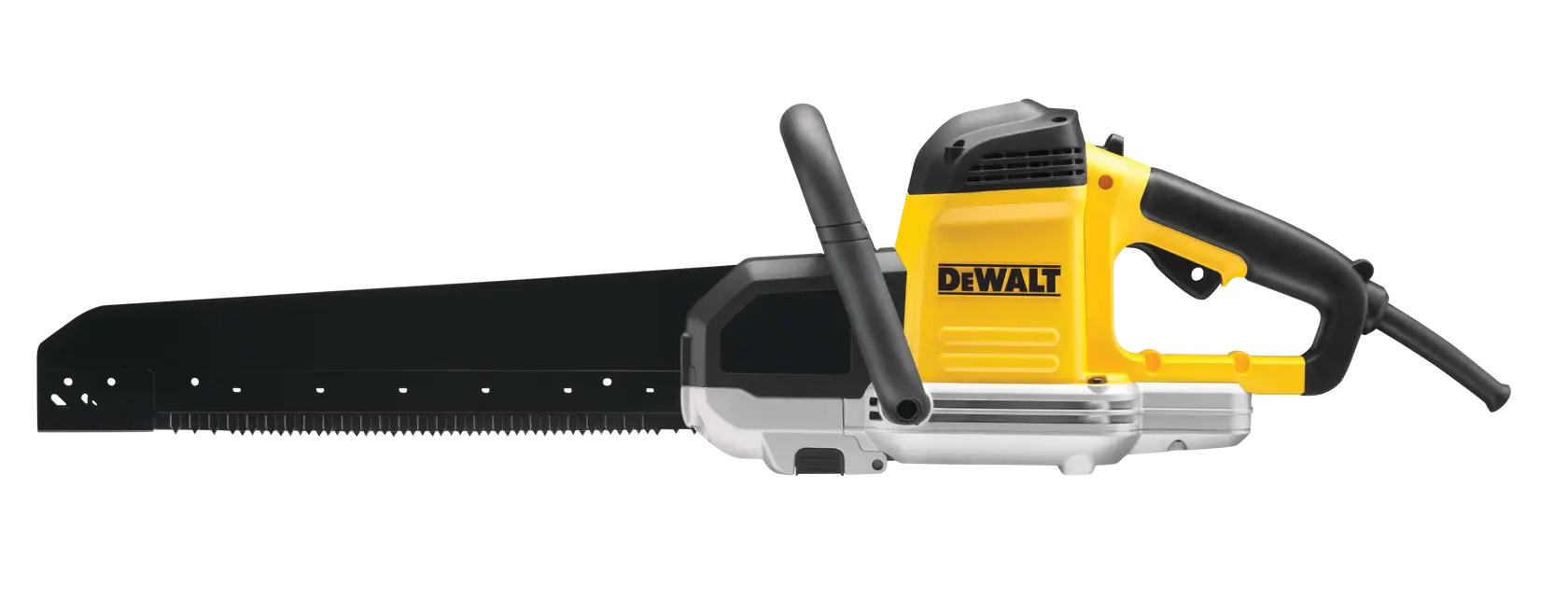 Scie alligator électrique DEWALT avec une longue lame noire et un corps jaune et noir, équipée d'une poignée avant pour une utilisation à deux mains en toute sécurité.