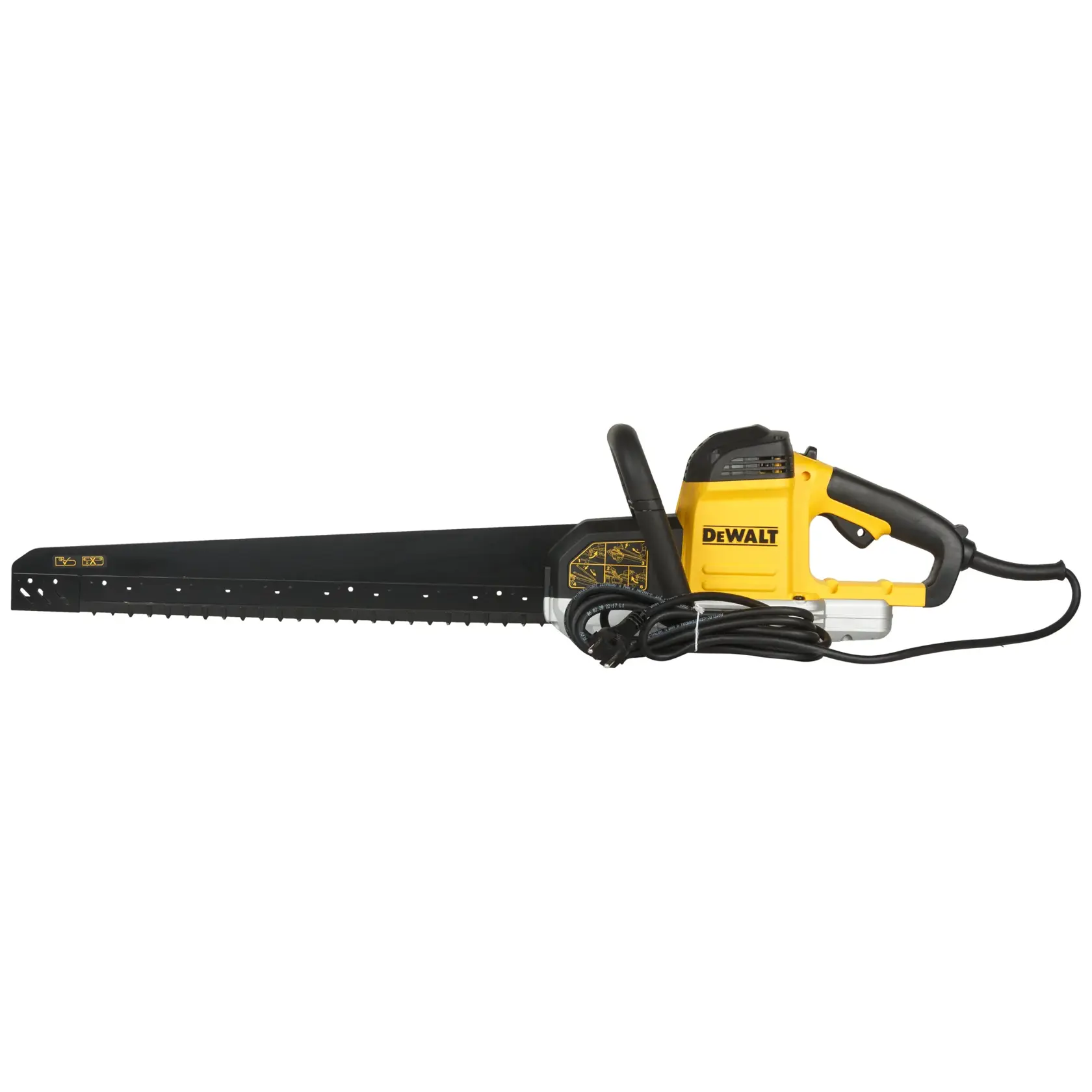 Scie électrique DEWALT DWE397-QS avec longue lame noire et poignée jaune sur fond blanc.