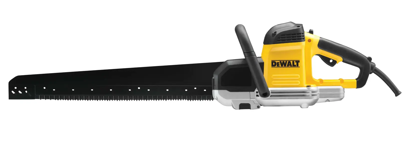 DEWALT DWE398 Elektrosäge mit langem Blatt und gelbem Griff, geeignet für große Materialien.