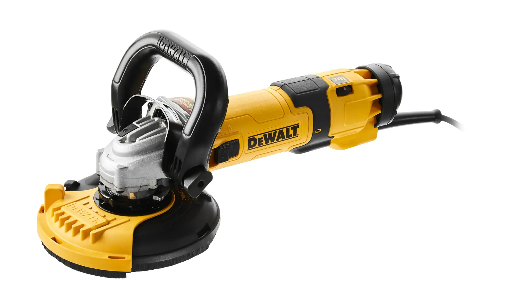 DEWALT DWE4257KT gelber Winkelschleifer mit Griff und Schutz auf weißem Hintergrund.
