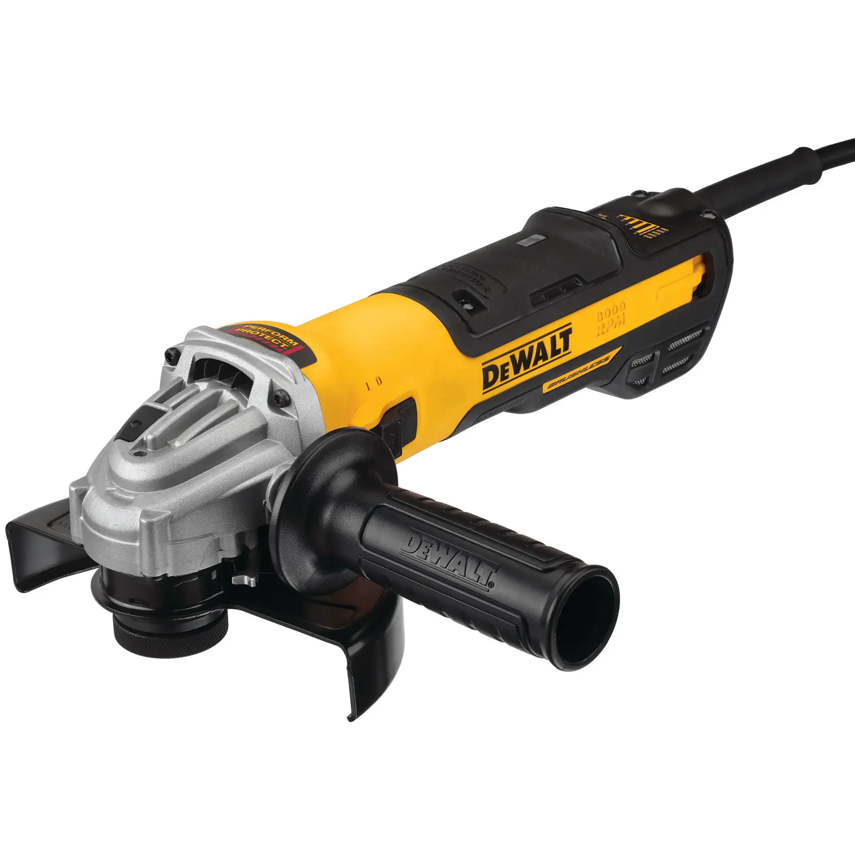 Une meuleuse d'angle DEWALT jaune et noire avec une poignée latérale et un protège-lame, présentée sur un fond blanc.