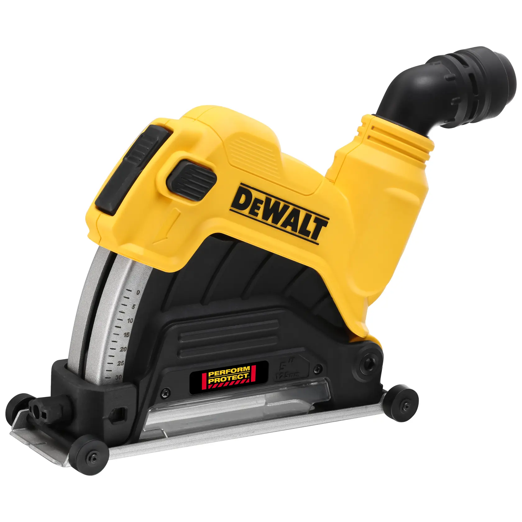 Ein Elektrowerkzeug der Marke DEWALT, speziell eine Staubschutzhaube für einen Winkelschleifer, mit gelb-schwarzem Design und der Aufschrift 'Perform Protect'.