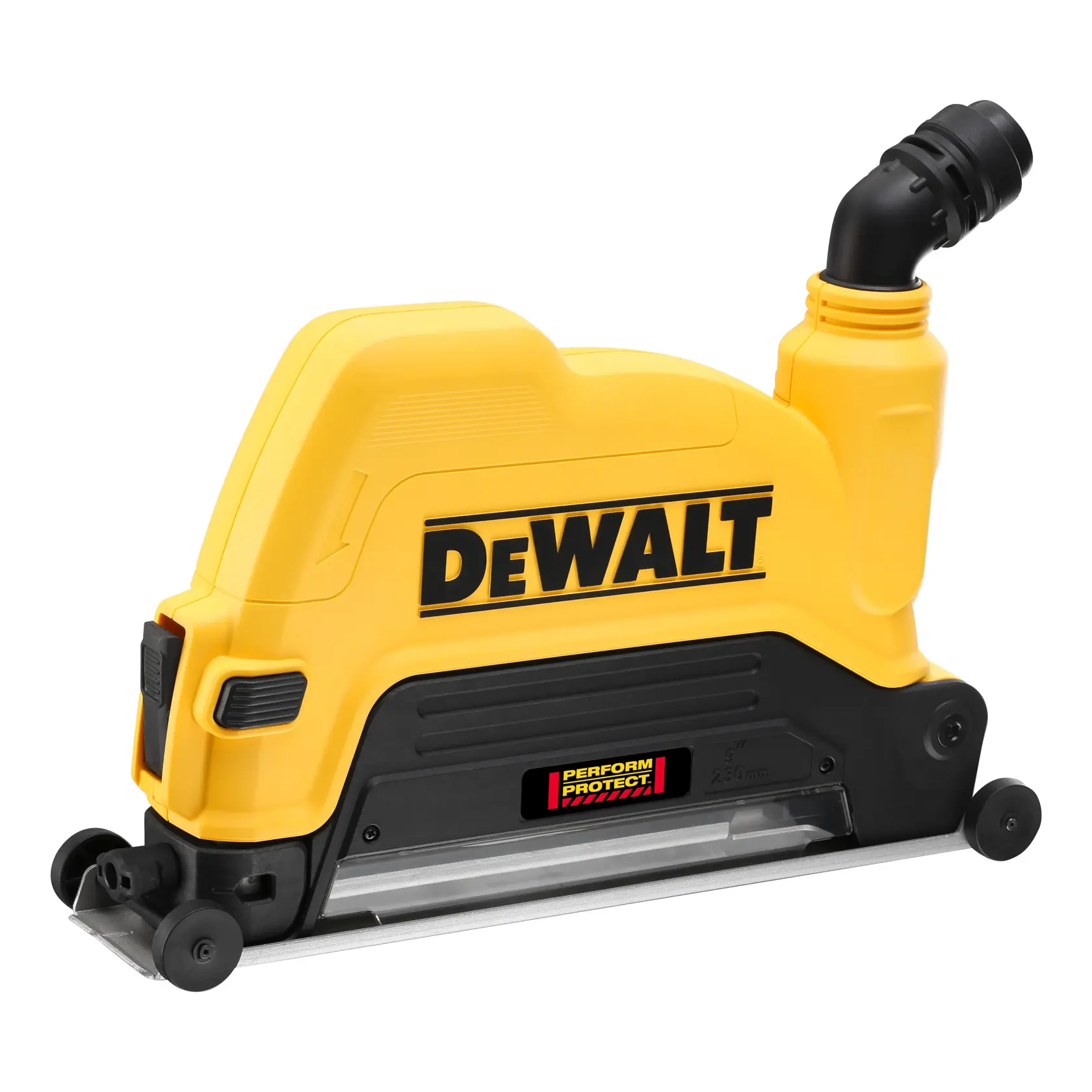 Gelbe DEWALT Staubschutzhaube für Fotografie mit schwarzem Perform Protect Label und Winkelanschluss.