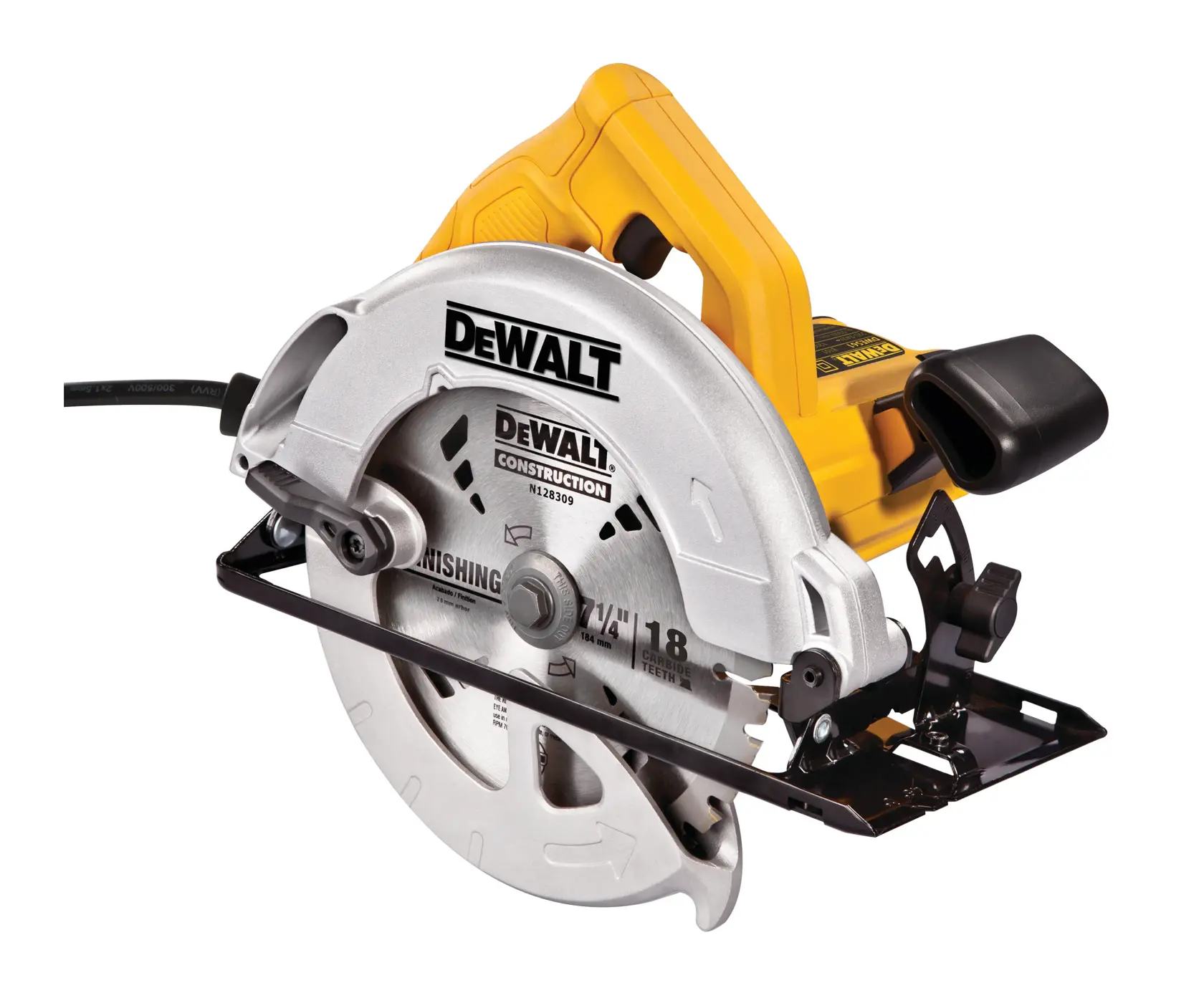 Scie circulaire DEWALT DWE560 poignée jaune et lame argent, présentée sur fond blanc.
