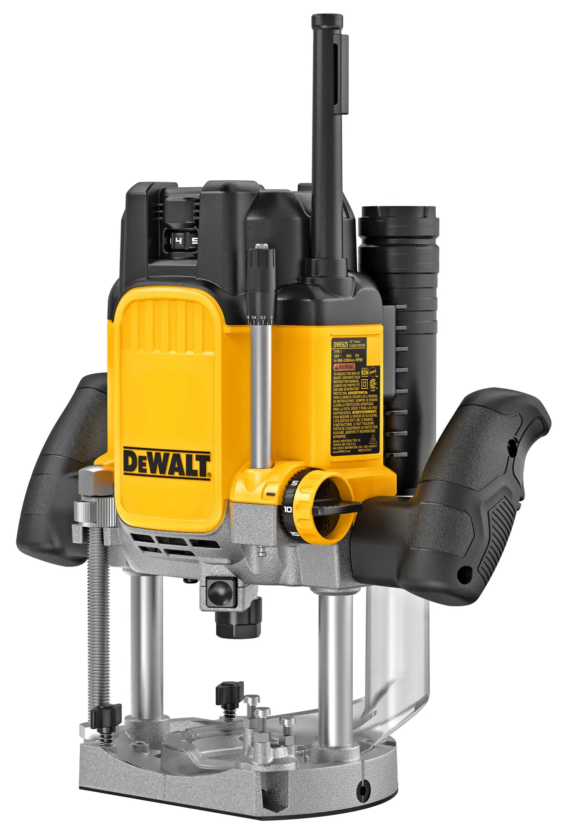 Outil défonceuse DEWALT pour photographie, modèles DWE625-QS, DWE625. Corps jaune, poignées noires.