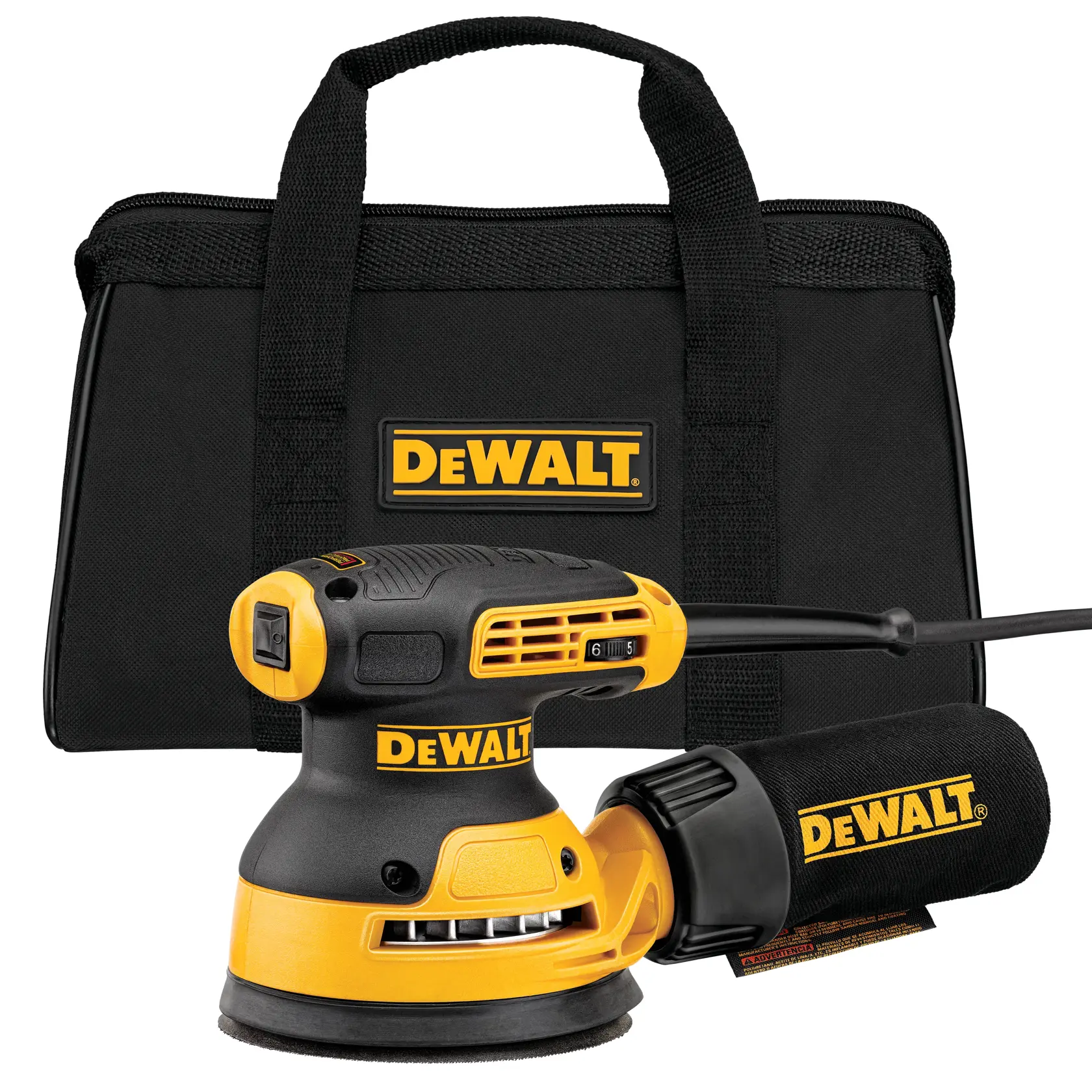Ponceuse orbitale électrique DEWALT DWE6423 jaune et noire avec sac de collecte de poussière attaché, photographiée sur un fond blanc uni.