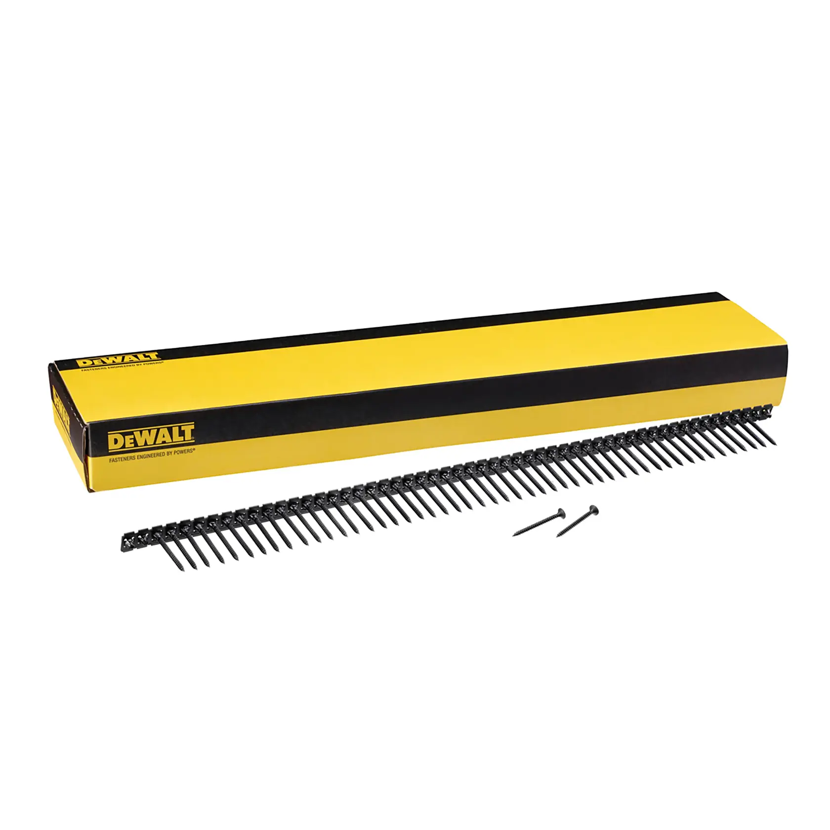Boîte jaune DEWALT avec une bande de clous agrafés et deux clous séparés sur fond blanc.