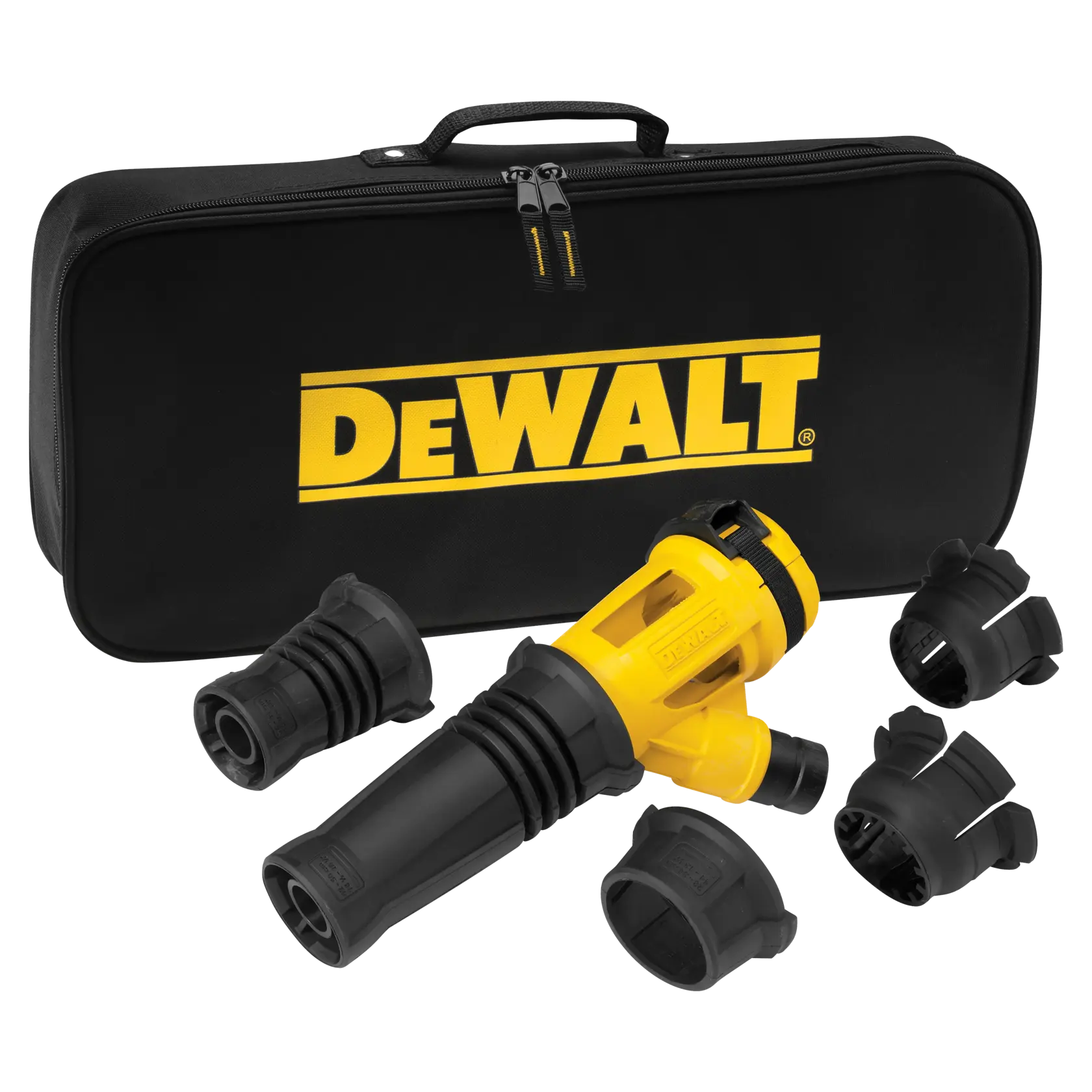 Kit d'accessoires DEWALT avec valise, outil jaune et noir et plusieurs embouts affichés.