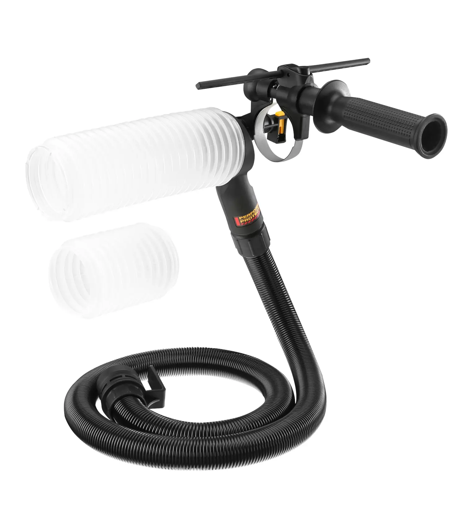 Accessoire d’extraction de poussière DEWALT avec tuyau flexible et poignée, pour outils électriques.