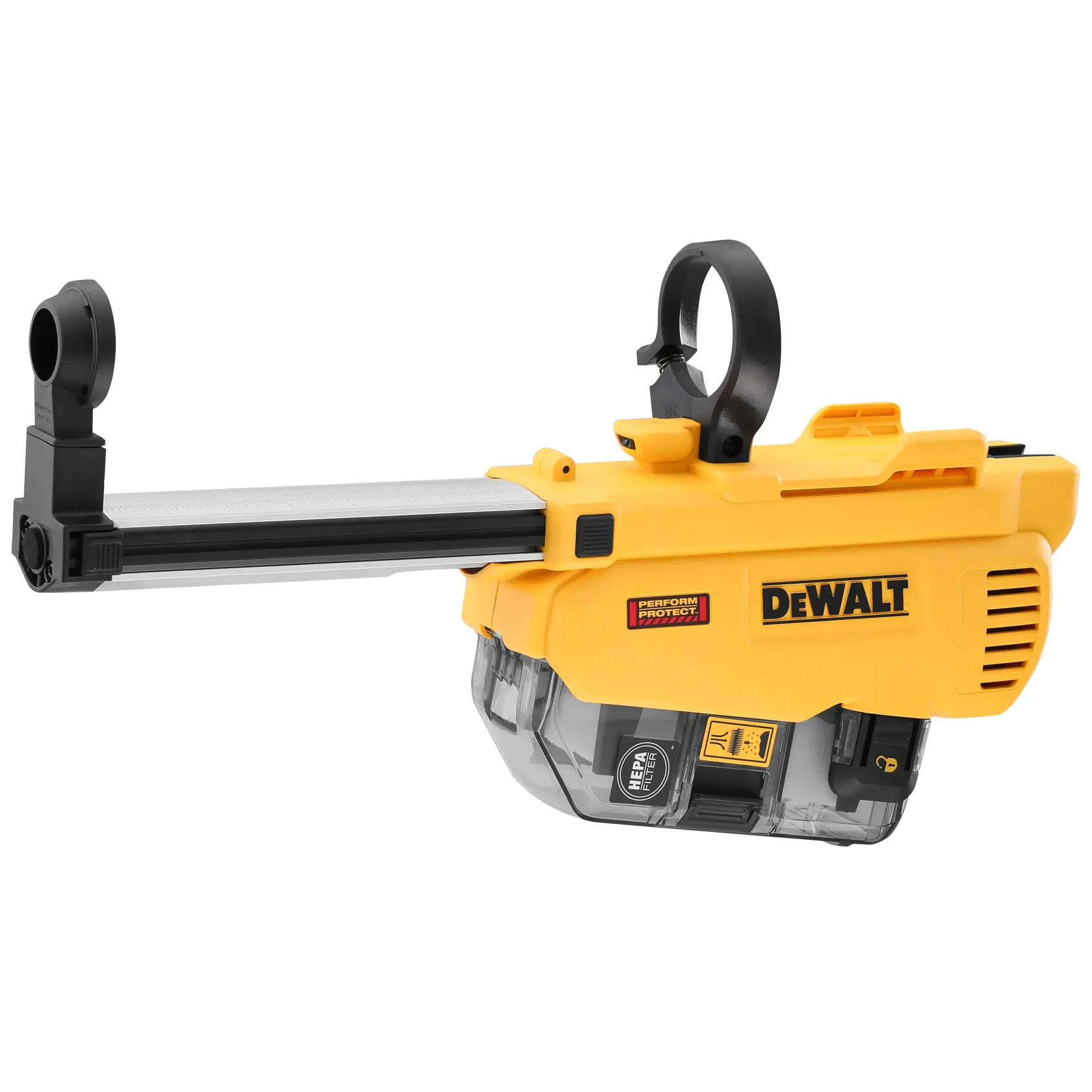Extracteur de poussière DEWALT jaune pour perceuse, design en plastique avec chambre transparente et pinces.