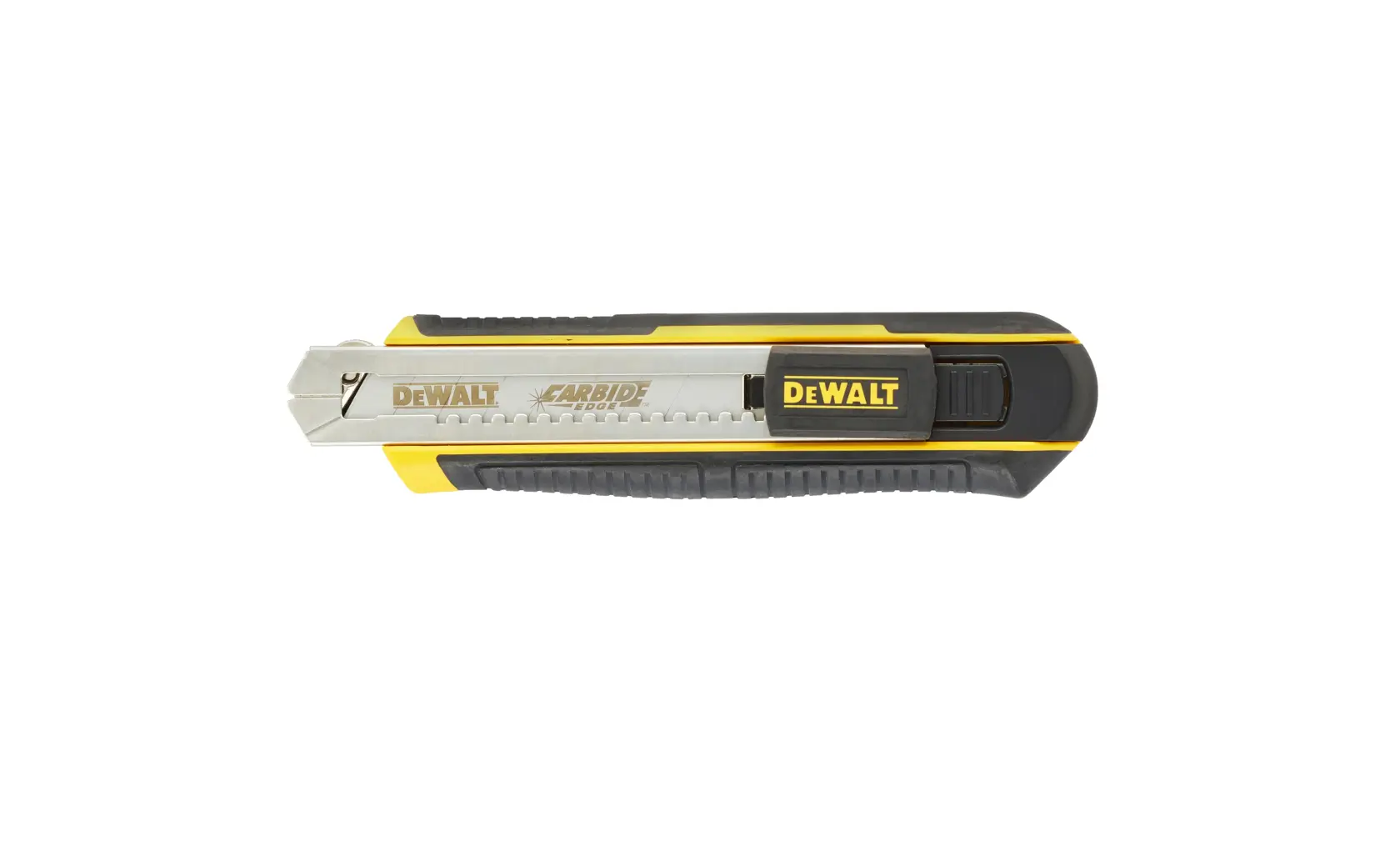 Cutter rétractable DEWALT à poignée noire et jaune et lame en carbure, adapté aux tâches de découpe.