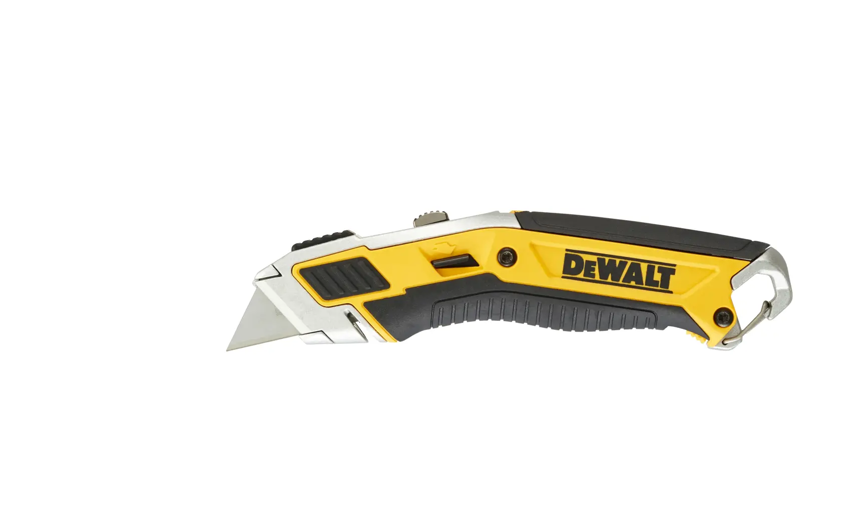Un couteau utilitaire DEWALT avec une lame rétractable, doté d'un manche ergonomique jaune et noir.