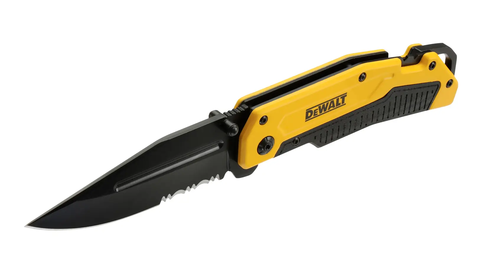 Un couteau utilitaire pliant DEWALT avec une lame noire partiellement dentelée et un manche jaune et noir, présenté ouvert sur un fond blanc.